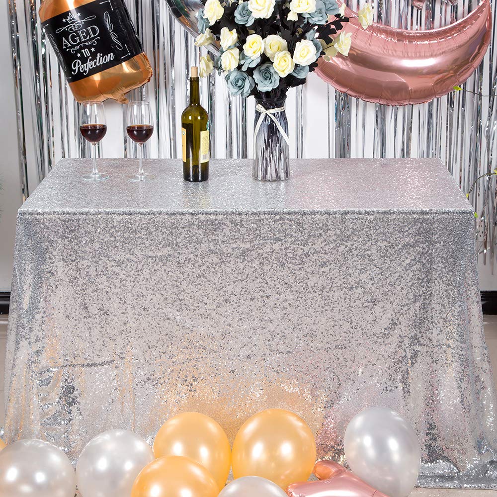 Jyflzq Silver Sequin Tablecloth 50 X 80 Rectangular Sparkly Drape Table Cloths Table Cover Overlay For Christmas Wedding Birthda