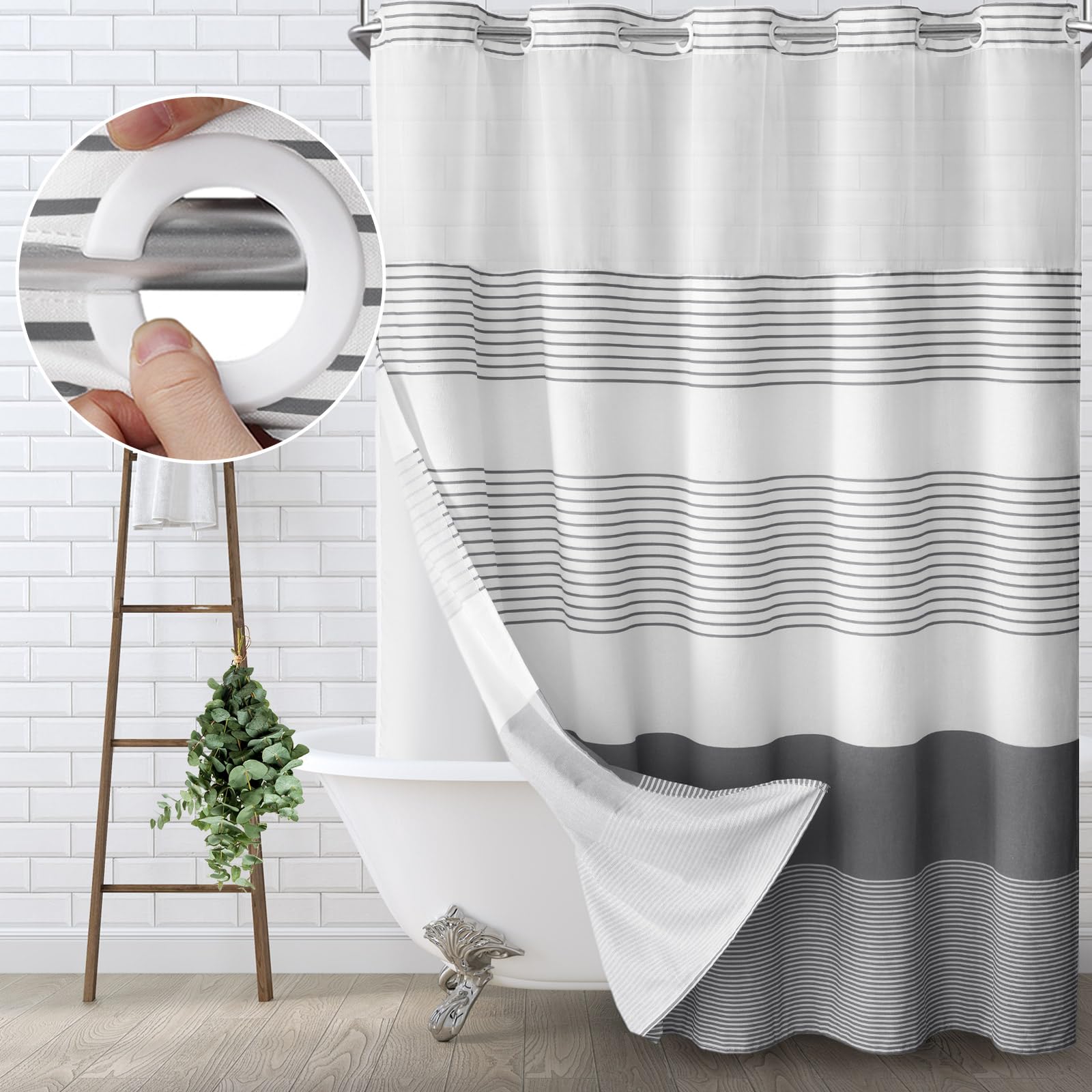 Awellife No Hook Shower Curtain With Snap In Liner Set Cotton And Linen Blend Shower Curtain For Bathroom Boho Dark Grey Striped