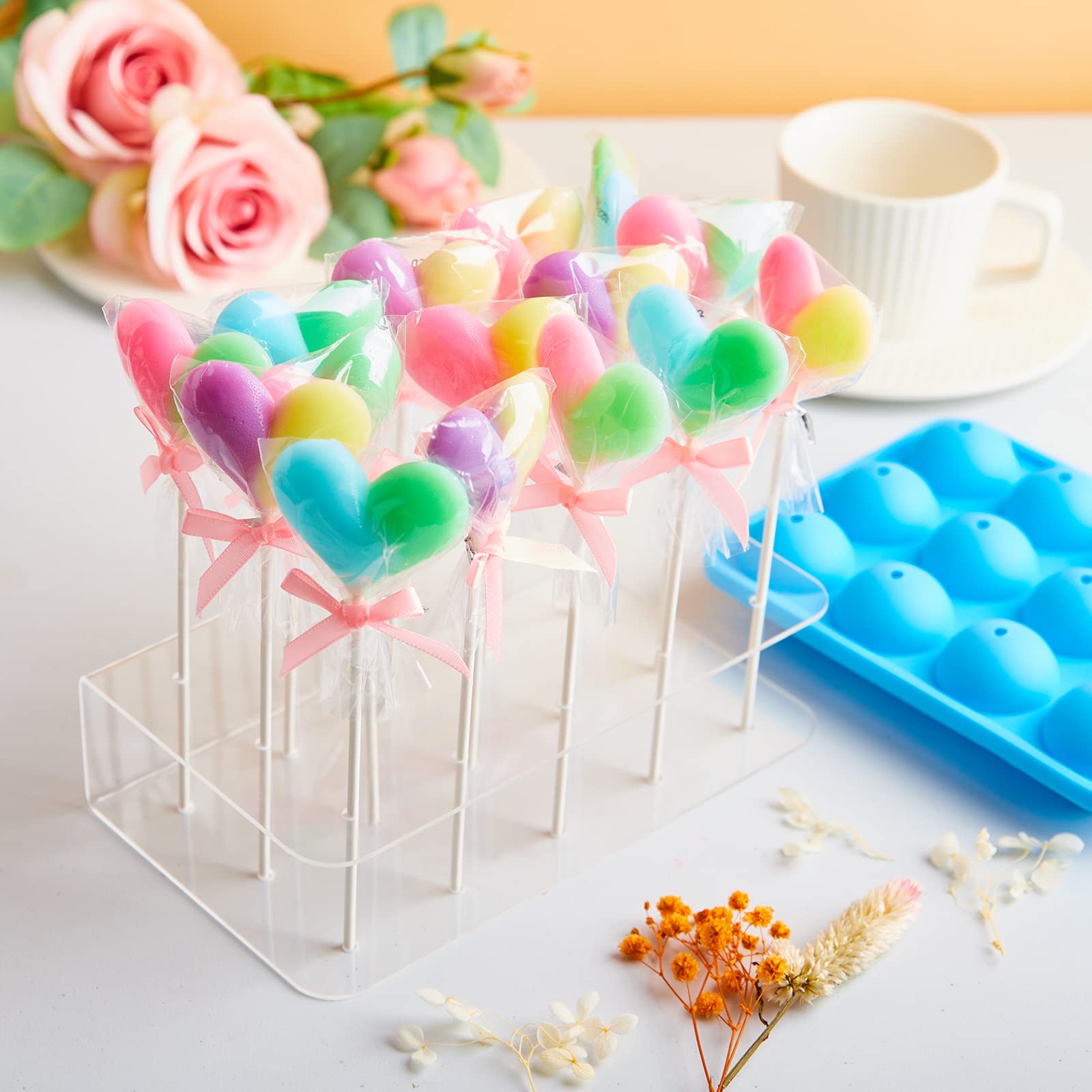 Cake Pop Maker Set, 12 Cavity Silicone Cake Pop Mold With15 Hole Clear Acrylic Lollipop Display Stand Holder, Sticks Treats Bags