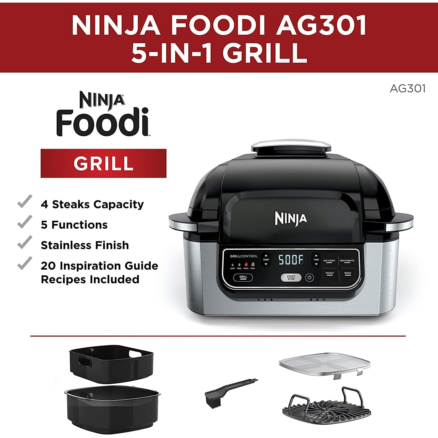 Ninja Ag301 Foodi 5-In-1 Indoor Electric Grill With Air Fry, Roast, Bake & Dehydrate - Programmable, Black/Silver