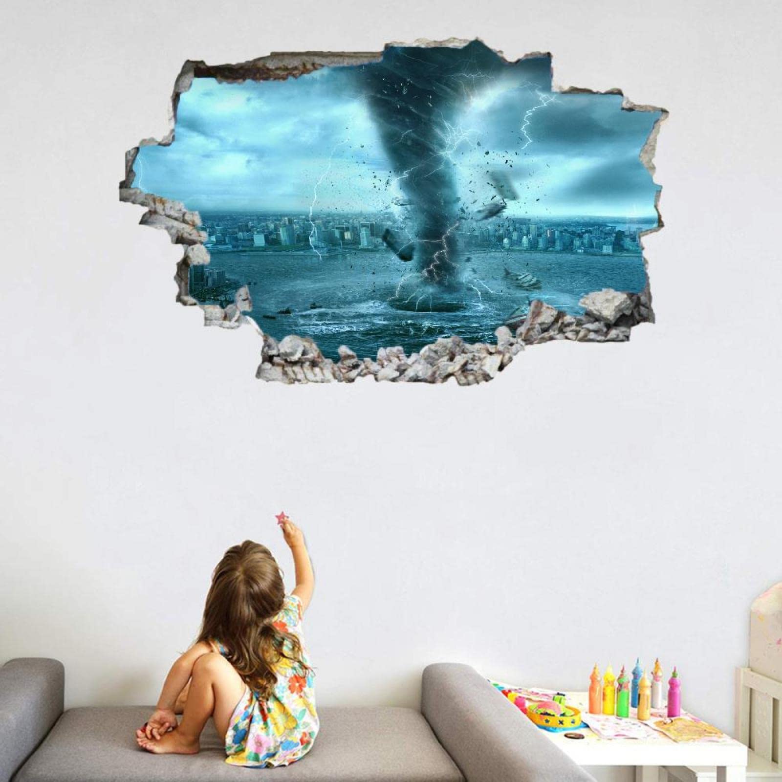 Landscape 3D Wall Decor, Tornado Removable Wall Sticker Room Nature Mural Decals Wall Hole Decal for Girls Kids Bedroom Nursery