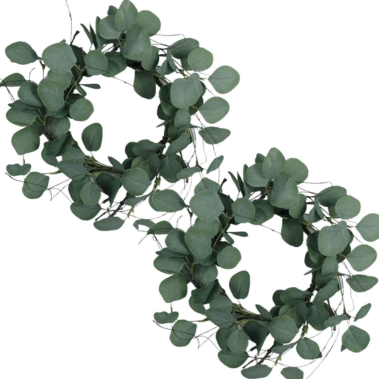 idyllic Eucalyptus Leaves Wreath Metal Polyester Fabric Paper Round Green Wreath 14 Inches for The Front Door D  cor, 2 Packs