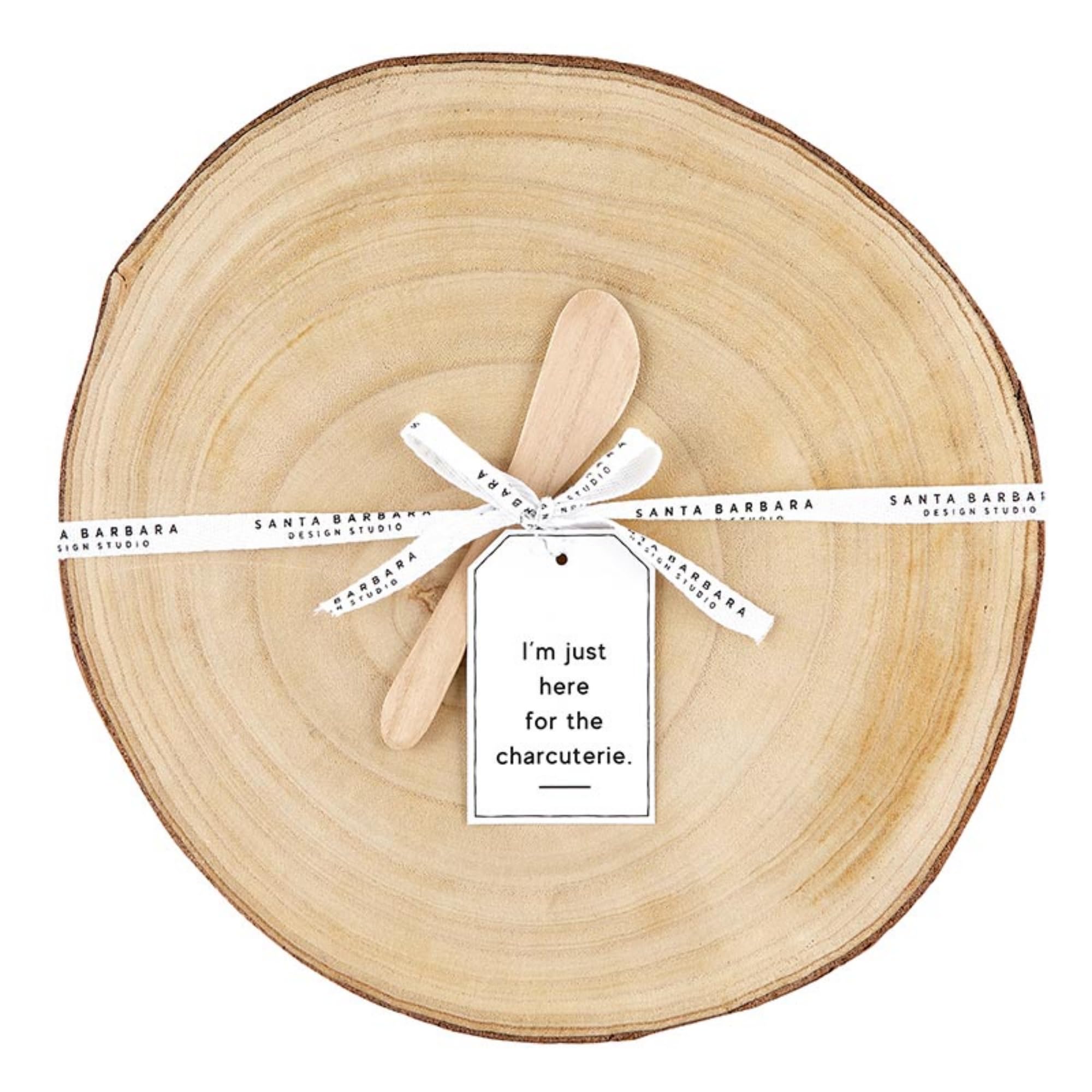 Santa Barbara Design Studio Charcuterie Cheese Board Round Wood Slice Serving Tray and Spreader Gift Set, 12 Dia x 1.25 H, Here 