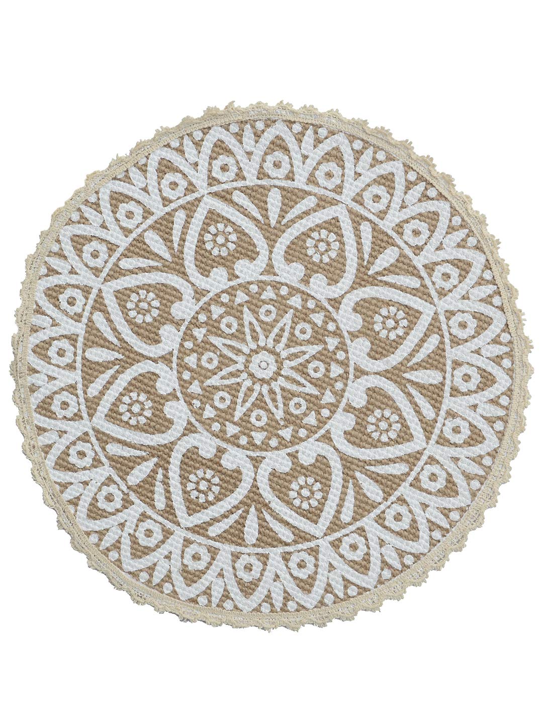 SARAL HOME EASY LIVING White Jute & Cotton Printed Round Table Mat - Pack of 4 PC, 38x38 cm