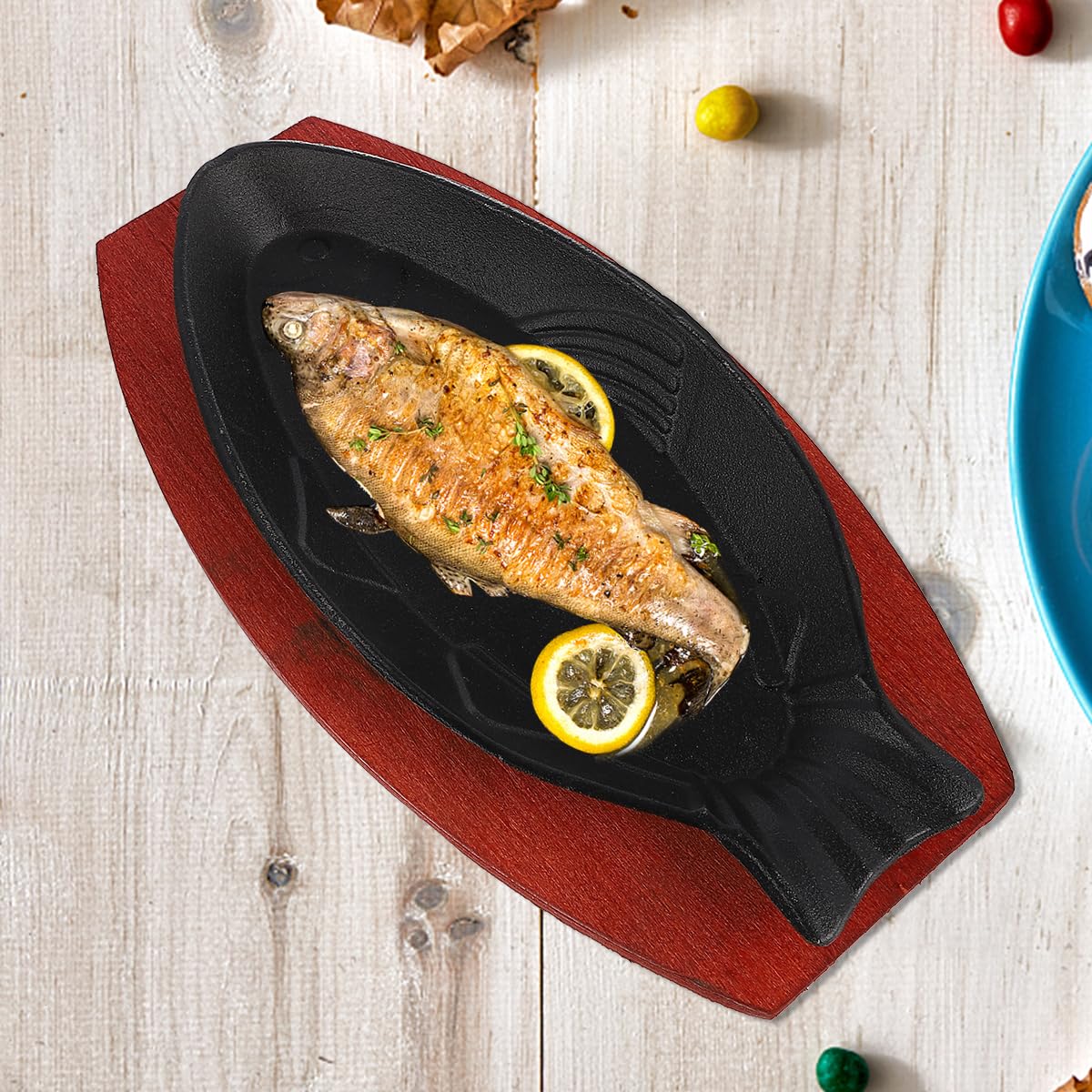 Angoily Cast Iron Fish Pan: Small Fish Frying Pan Skillet With Wooden Base For Restaurant Kitchen Grilling Meats Sizzling Plate