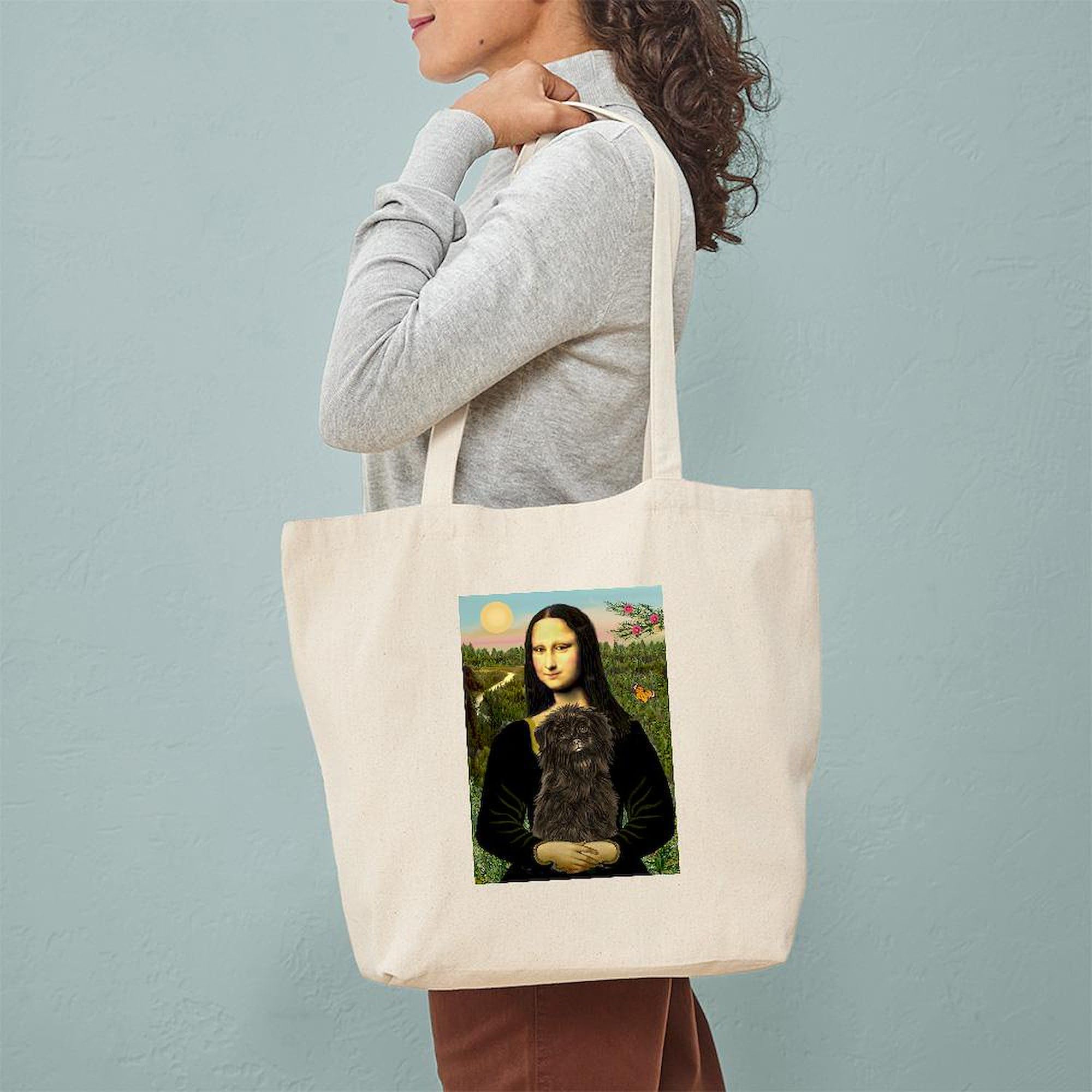 Cafepress Mona Lisa & Affenpinscher Tote Bag Natural Canvas Tote Bag, Reusable Shopping Bag