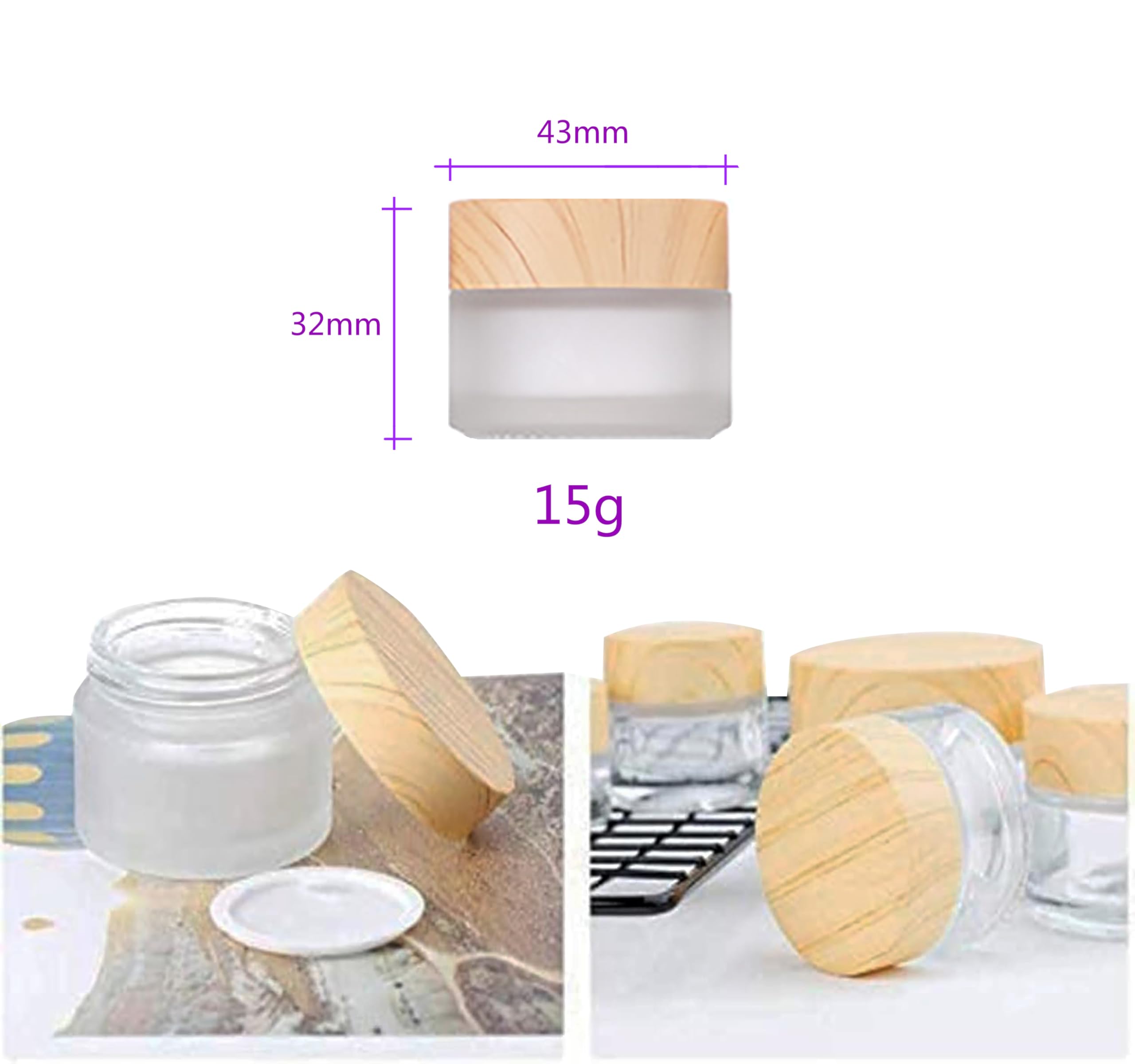 Healthcom 10 Packs 15Ml/15G Empty Sample Jars Frosted Glass Cream Jar Bottle With Wood Grain Lid Cosmetic Containers Glass Cream