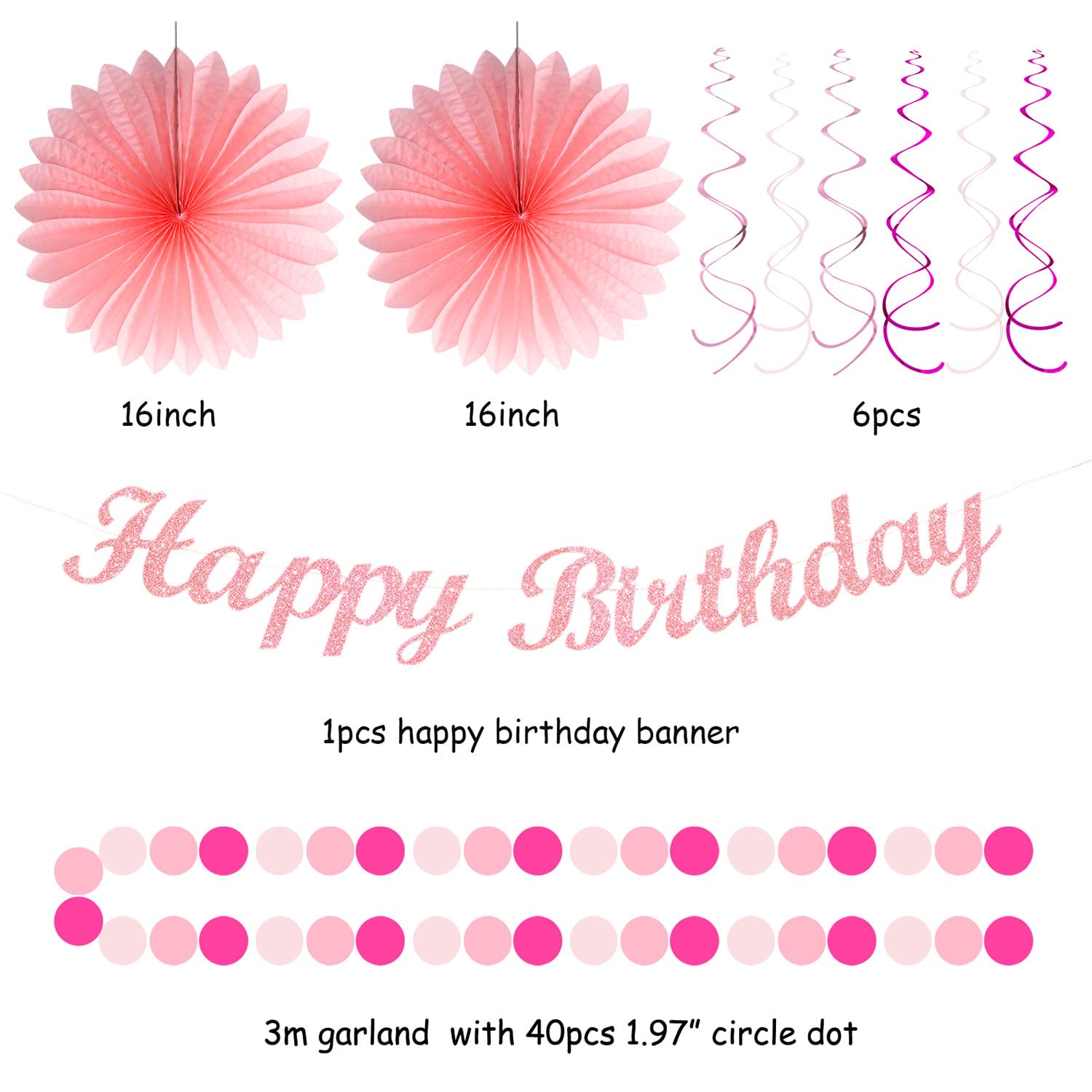 Light Hot Pink Birthday Party-Decorations - 21Pcs Girl Happy Banner,Paper Lanterns Honeycomb,Tissue Pom Poms Flower Fan,Hanging