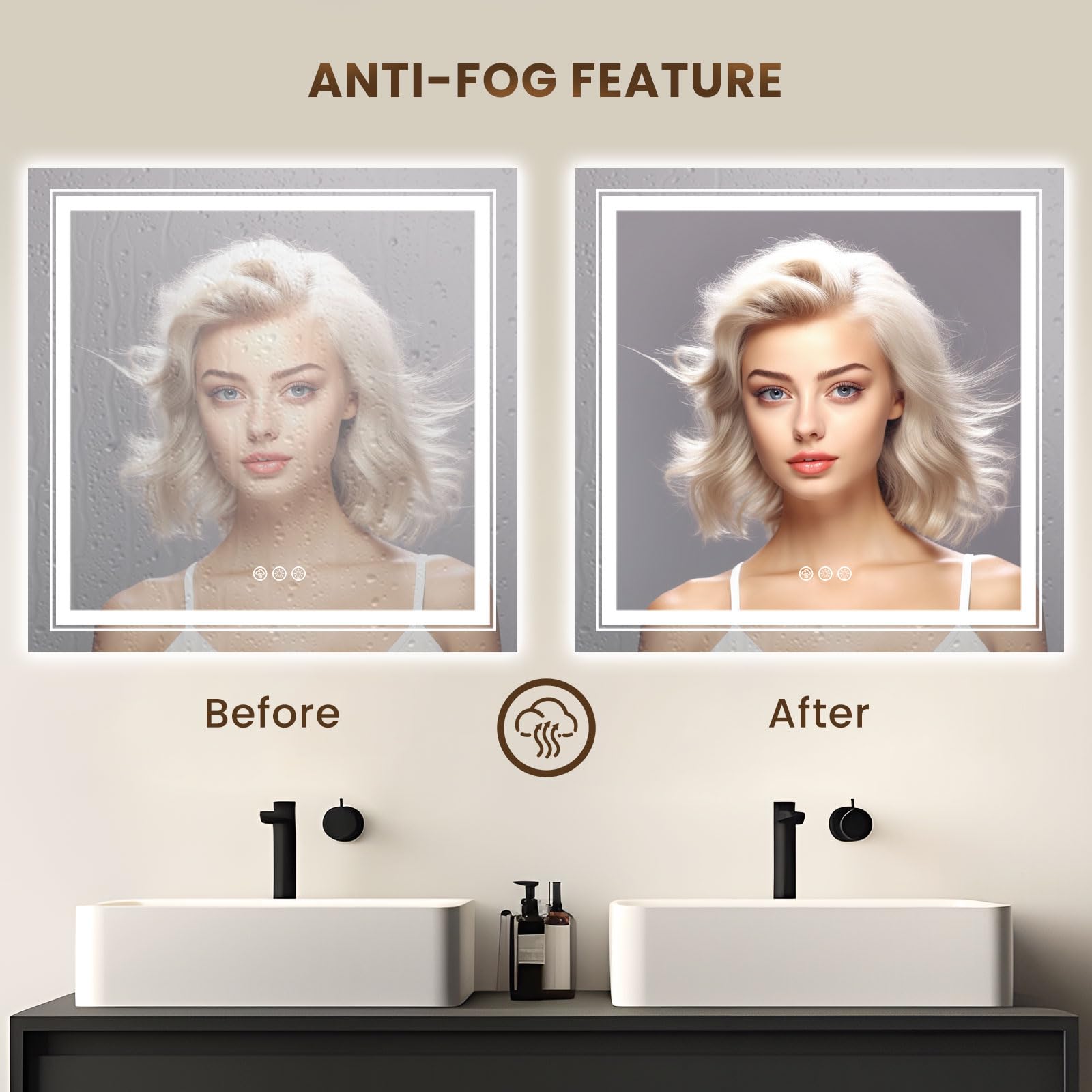 Wtty Rgb Led Bathroom Mirror 32''X32'' With Backlit And 3 Front Light,Stepless Dimmable Led Mirror For Bathroom,Lighted Bathroom