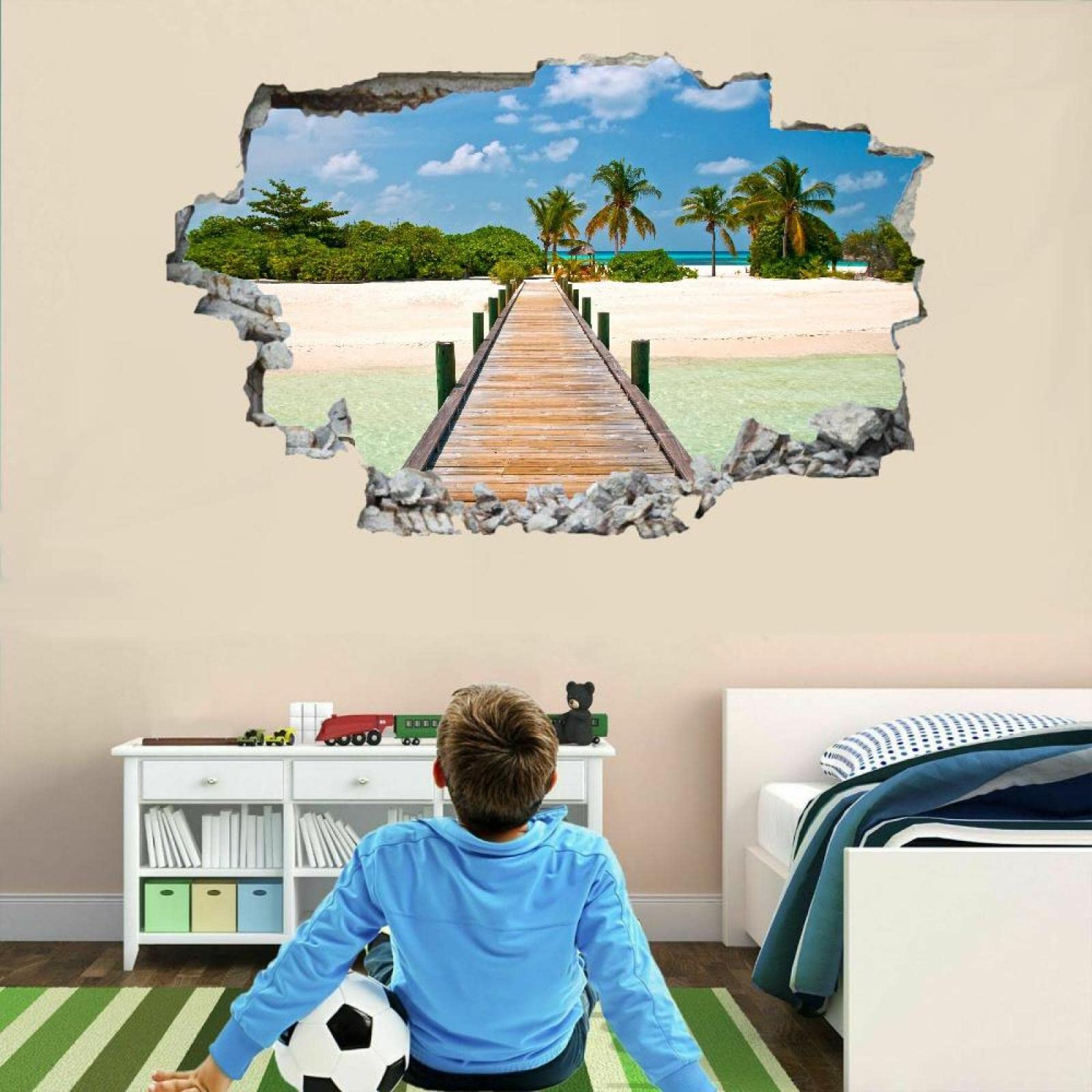 Beach 3D Smashed Wall Effect Road Waterproof Wall Stickers Art Removable Pier Vinyl Wall Decal for Kids Boys Girls Nursery Home 