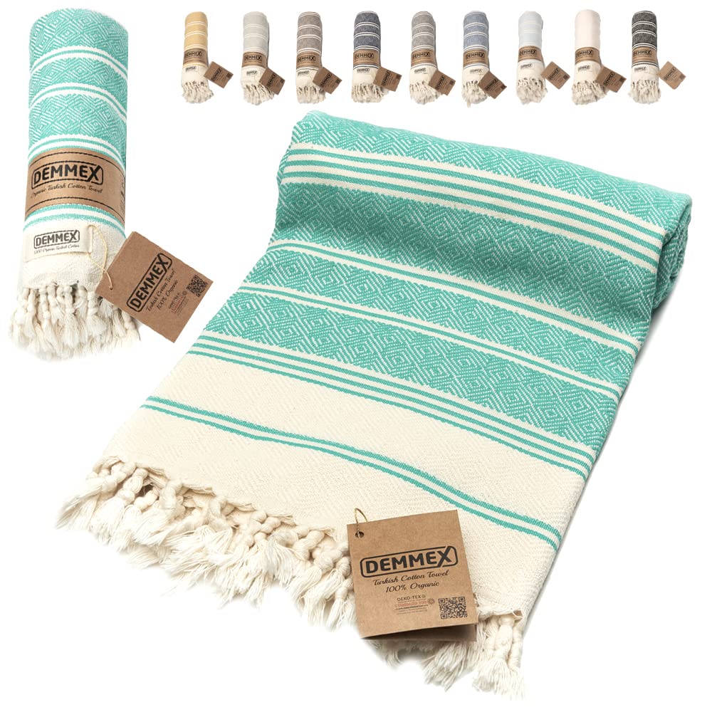 Demmex Certified 100% Organic Turkish Cotton Beach And Bath Towel, Peshtemal Towel Blanket, Quick Dry Sand Free, Oversized Light