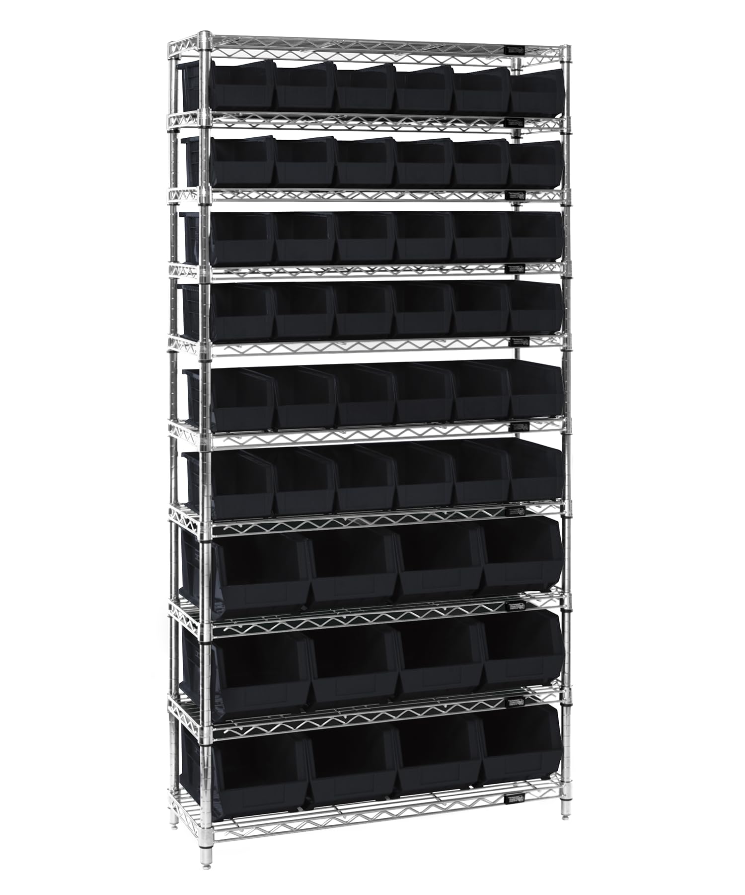 Bin System Unit, Stationary, Includes: (4) 74H Posts, (10) 36W X 14D Wire Shelves, (36) Qus230 And (12) Qus240 Black Bins, Chrom