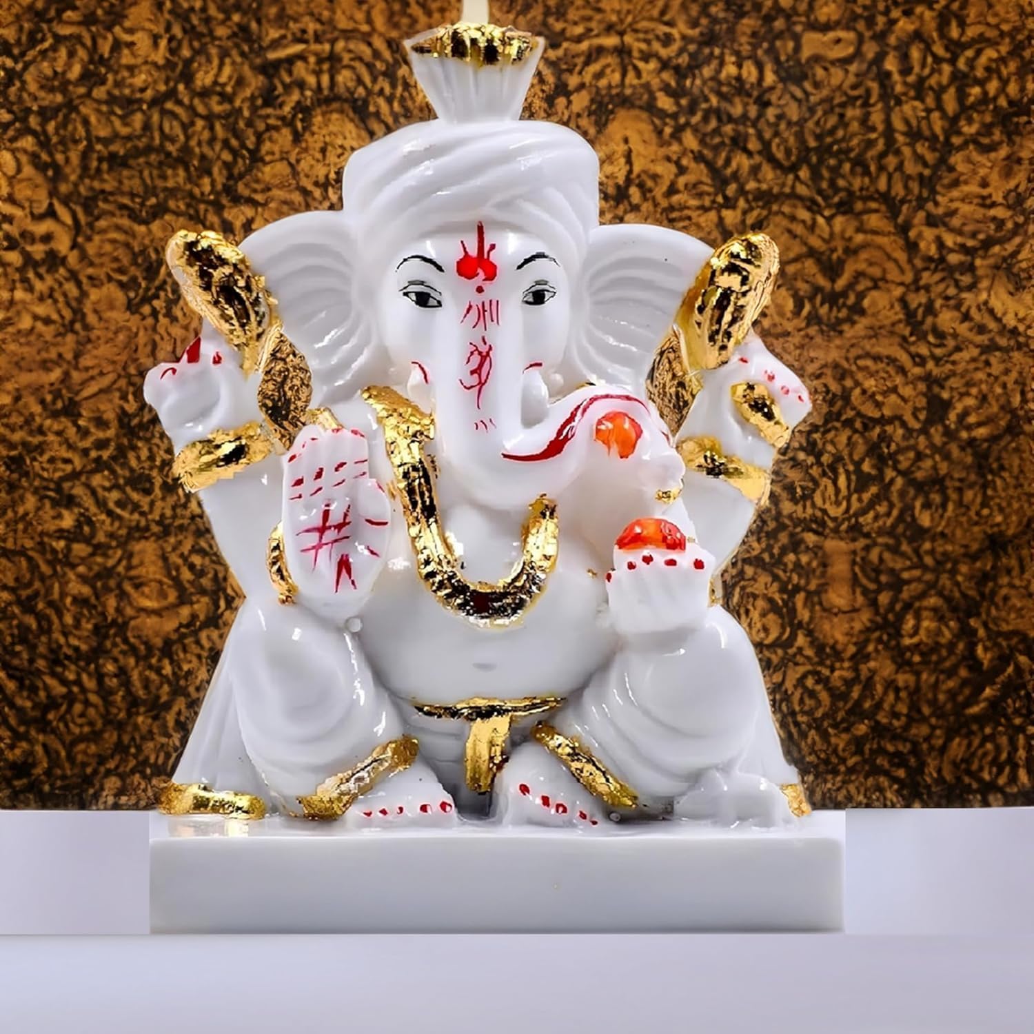 Seema Handicraft Pagadi Ganesh Idol White And Gold, Marble For Home, Office, Gift, Good Luck, Lord Ganesha