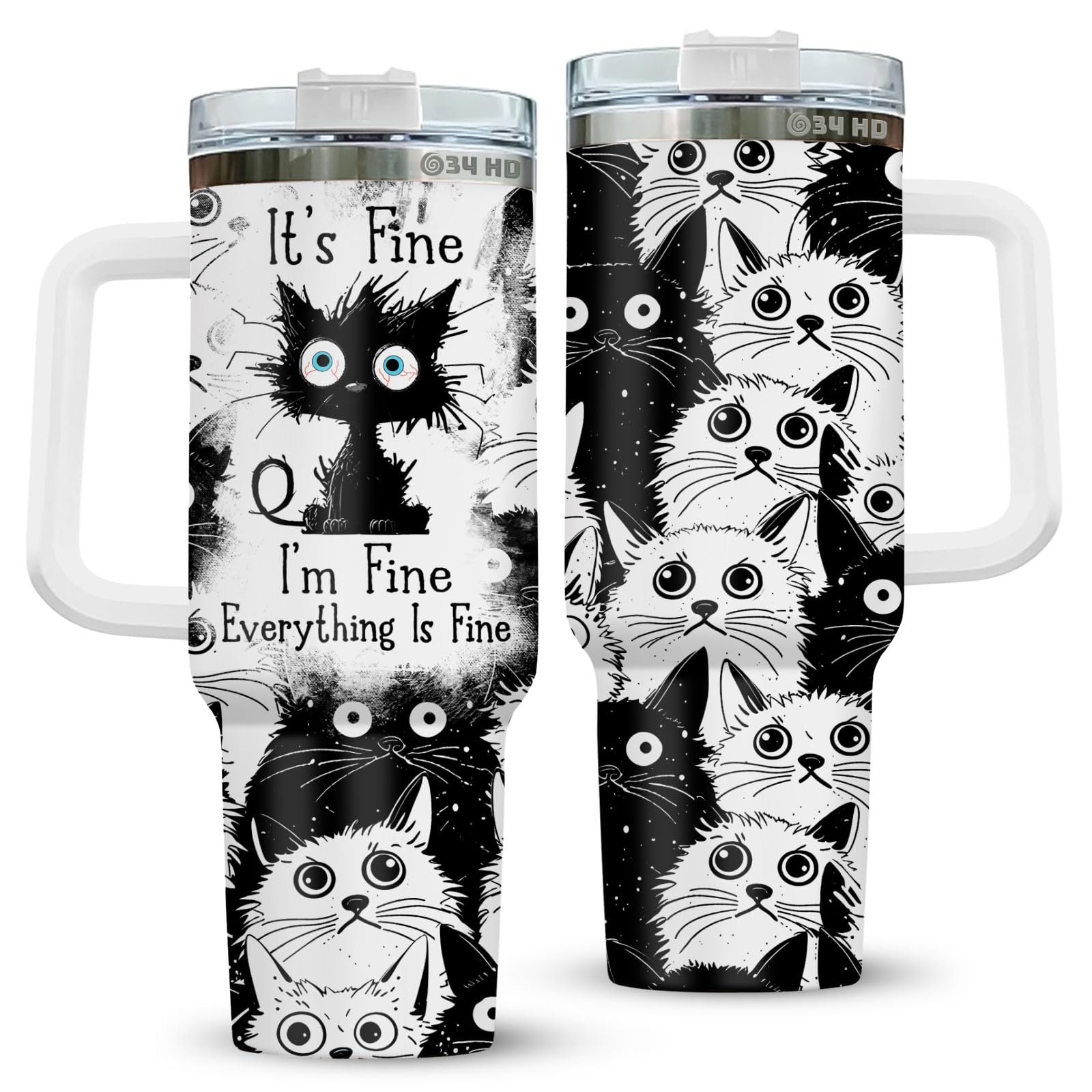 34Hd Gifts For Halloween, Crazy Cat Tumbler With Handle And Straw 40 Oz Stainless Steel, Black Cat Cup, It'S Fine I'M Fine Mug,