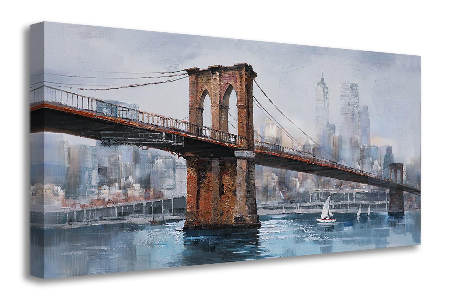 Ardemy Brooklyn Bridge Wall Art Canvas Cityscape Abstract Skyline New York City Painting, Modern Nyc Picture Framed For Bedroom