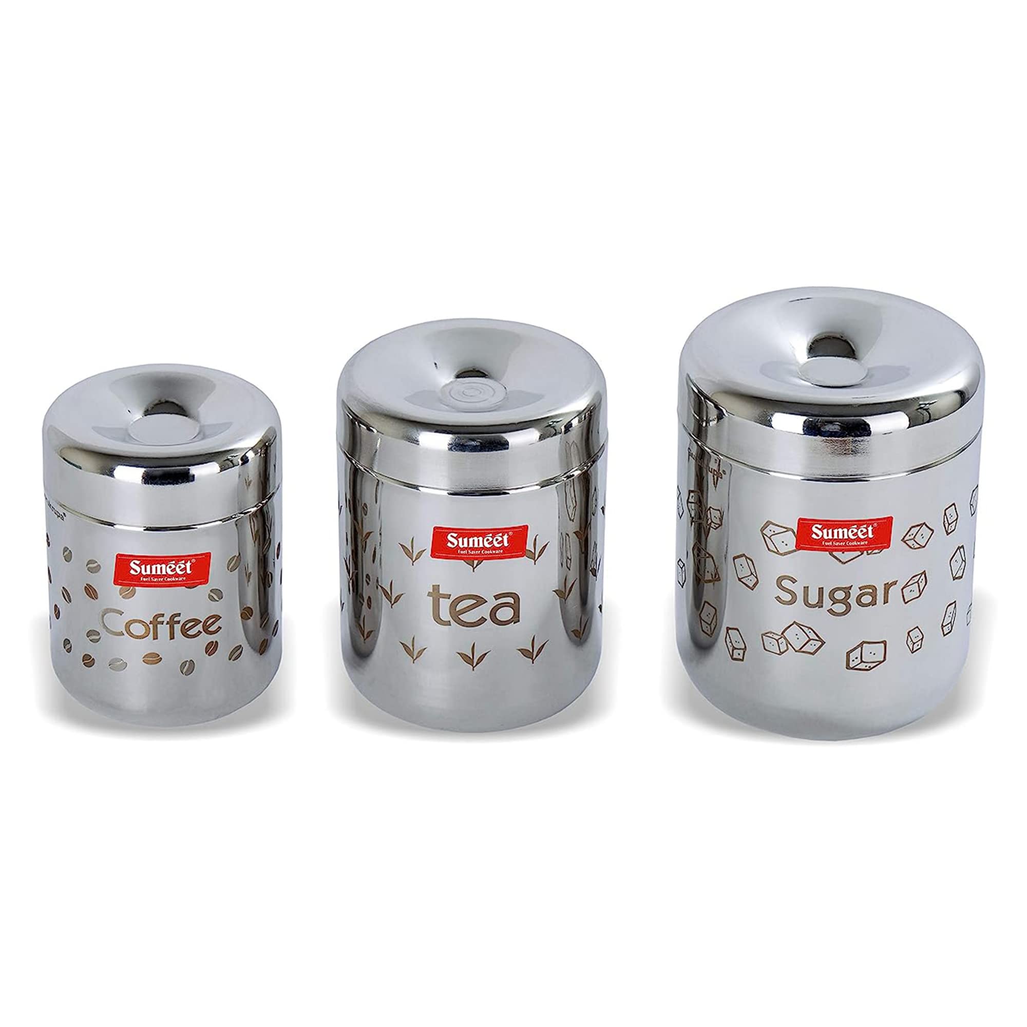 Sumeet Stainless Steel Laser Printed Tea; Cofee; Sugar Canisters Set Of 3 (Capacity - Coffee - 300 Ml; Tea 500 Ml; Sugar 650Ml)  Silver