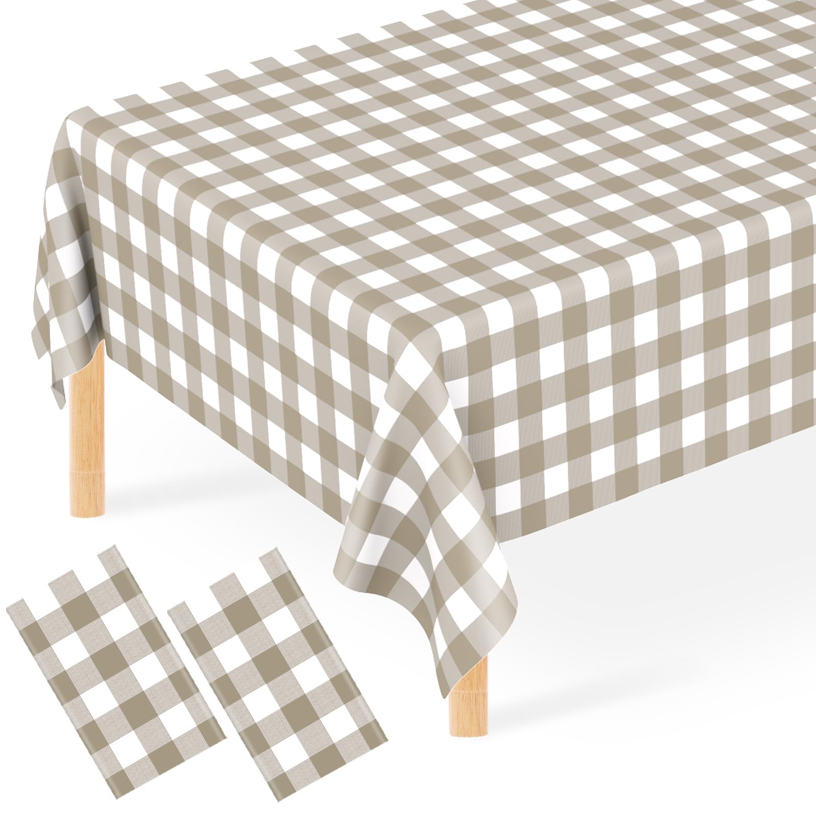 JCTHKUKU 2 Pcs Brown Gingham Tablecloth, 54 x 108 Inch Disposable Plastic Brown and White Checkered Table Covers for Picnic, Far