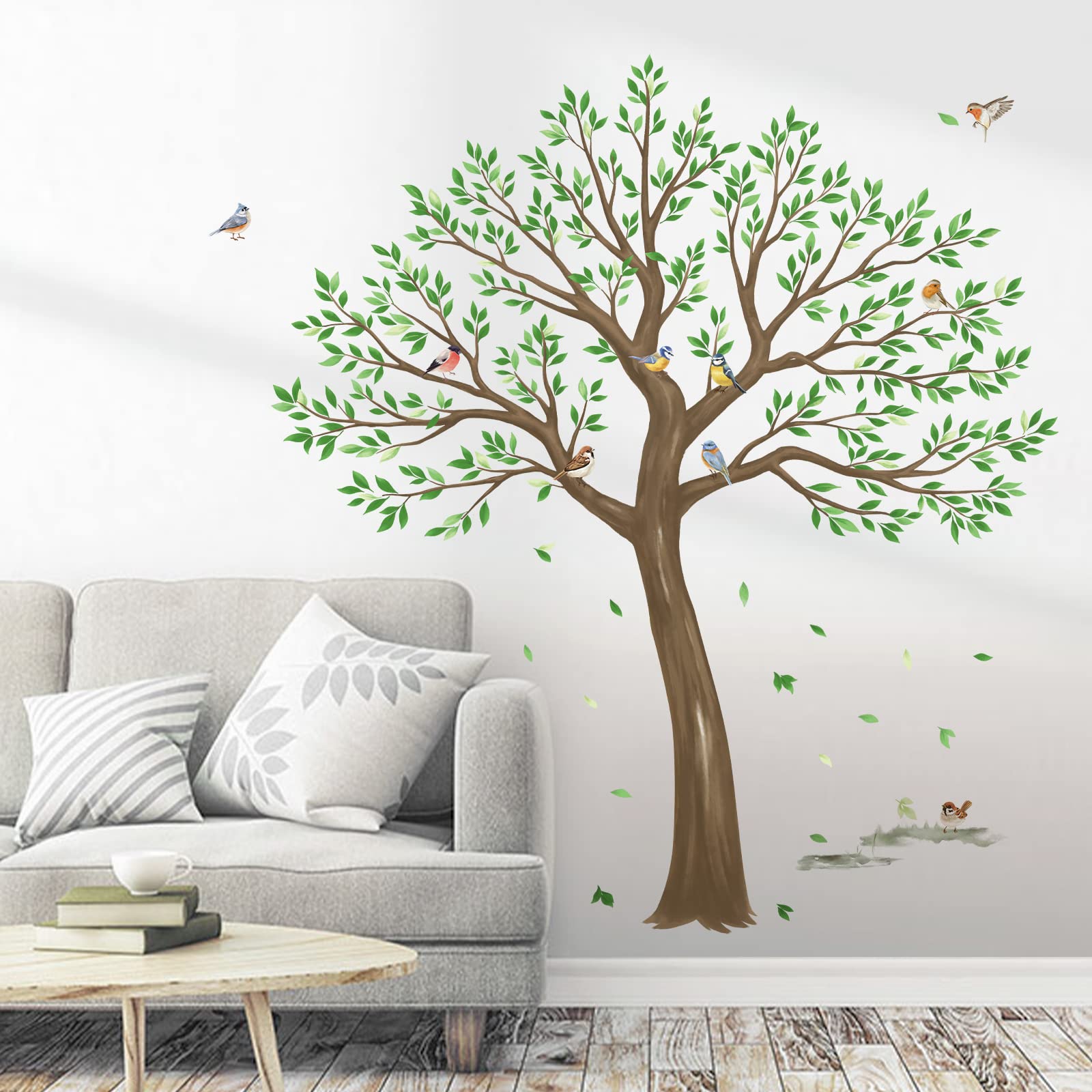 Wondever Large Tree Wall Stickers Green Leaves Birds Peel And Stick Wall Decals For Living Room Bedroom Tv Wall (H: 63Inches)
