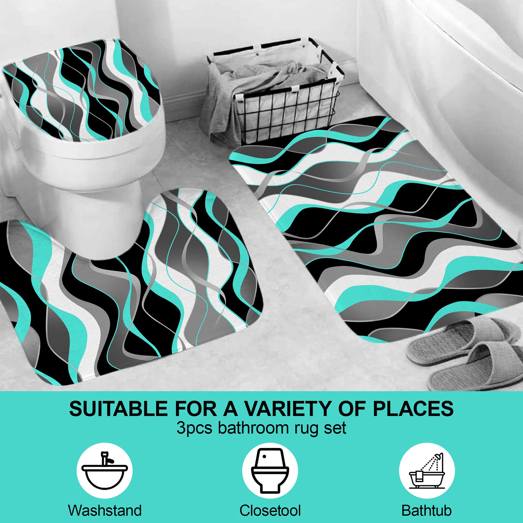 4Pcs Turquoise Shower Curtain Sets With Non-Slip Rugs, Toilet Lid Cover And Bath Mat, Black And Gray Bathroom Decor Set Accessor