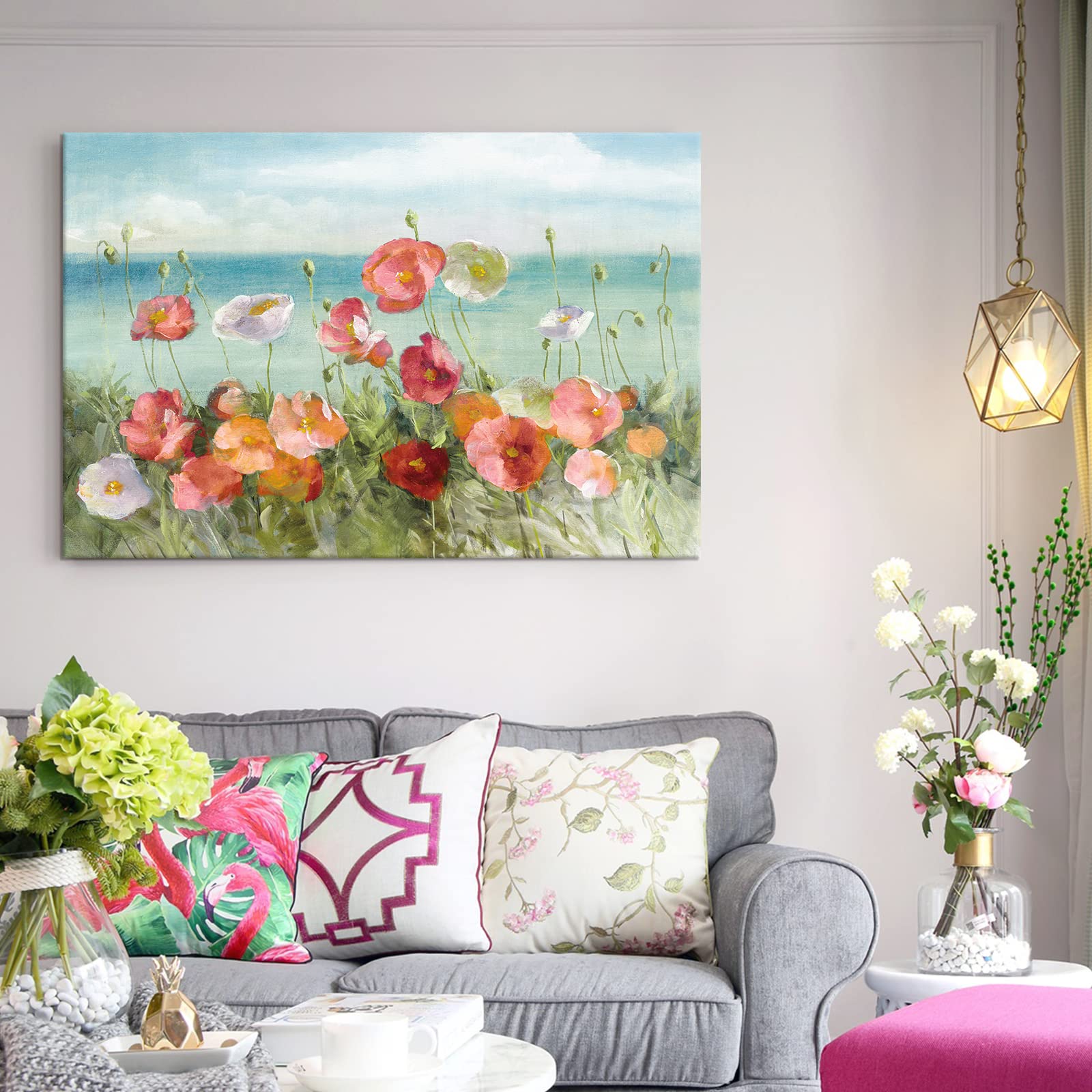 Goldfoilart Beach Colorful Flower Canvas Paintings Poppies Wall Art Pictures Bloosom Floral Framed Artwork Prints Modern Landsca