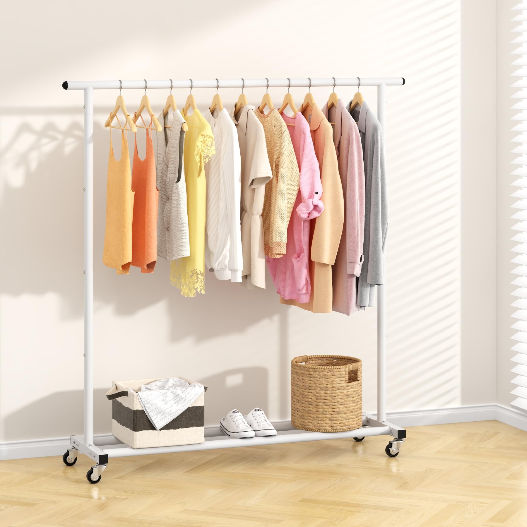 Buzowruil Clothing Rack Clothes Rack Standard Rod Simple Rolling Metal Garment Rack Organizer Freestanding Hanger With Wheels,Wh