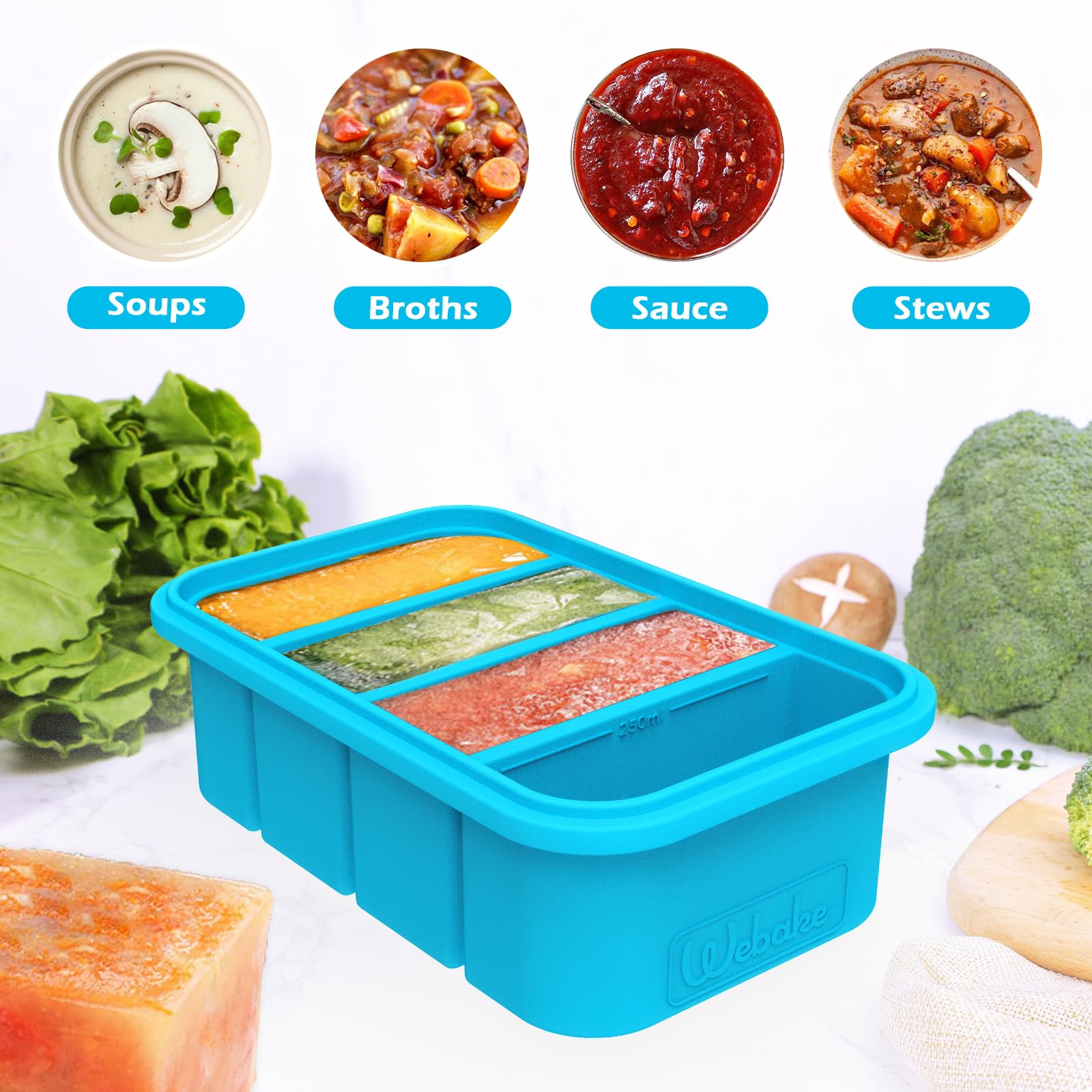 Webake Silicone Freezer Tray with Lid, 1 Cup Portion, BPA Free, Blue