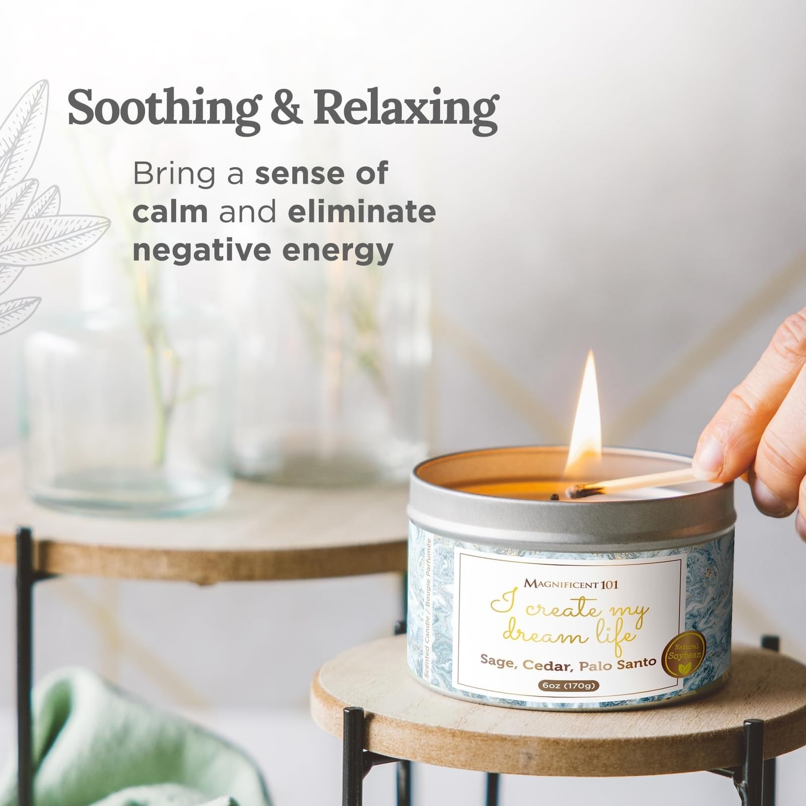MAGNIFICENT 101 Affirmations Sage, Cedar, Palo Santo, Sprinkle of sage Leaves Smudge Candle for House Energy Cleansing, Banishes