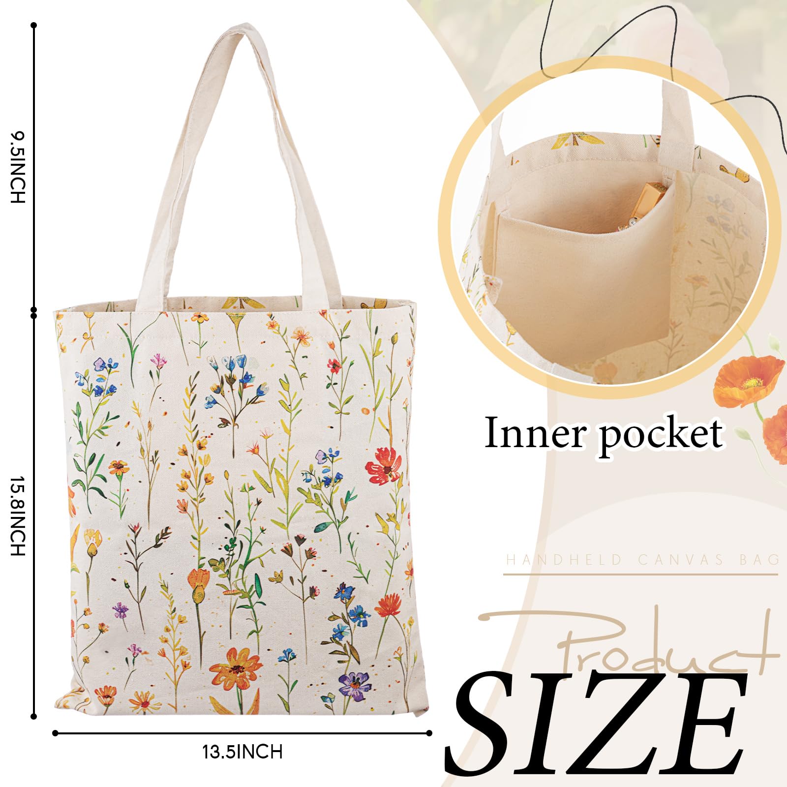 Shinylin 3 Pcs Wildflower Aesthetic Canvas Tote Bag Makeup Coin Purse Set with Zipper Reusable Grocery Shopping Flowers Cute Cos