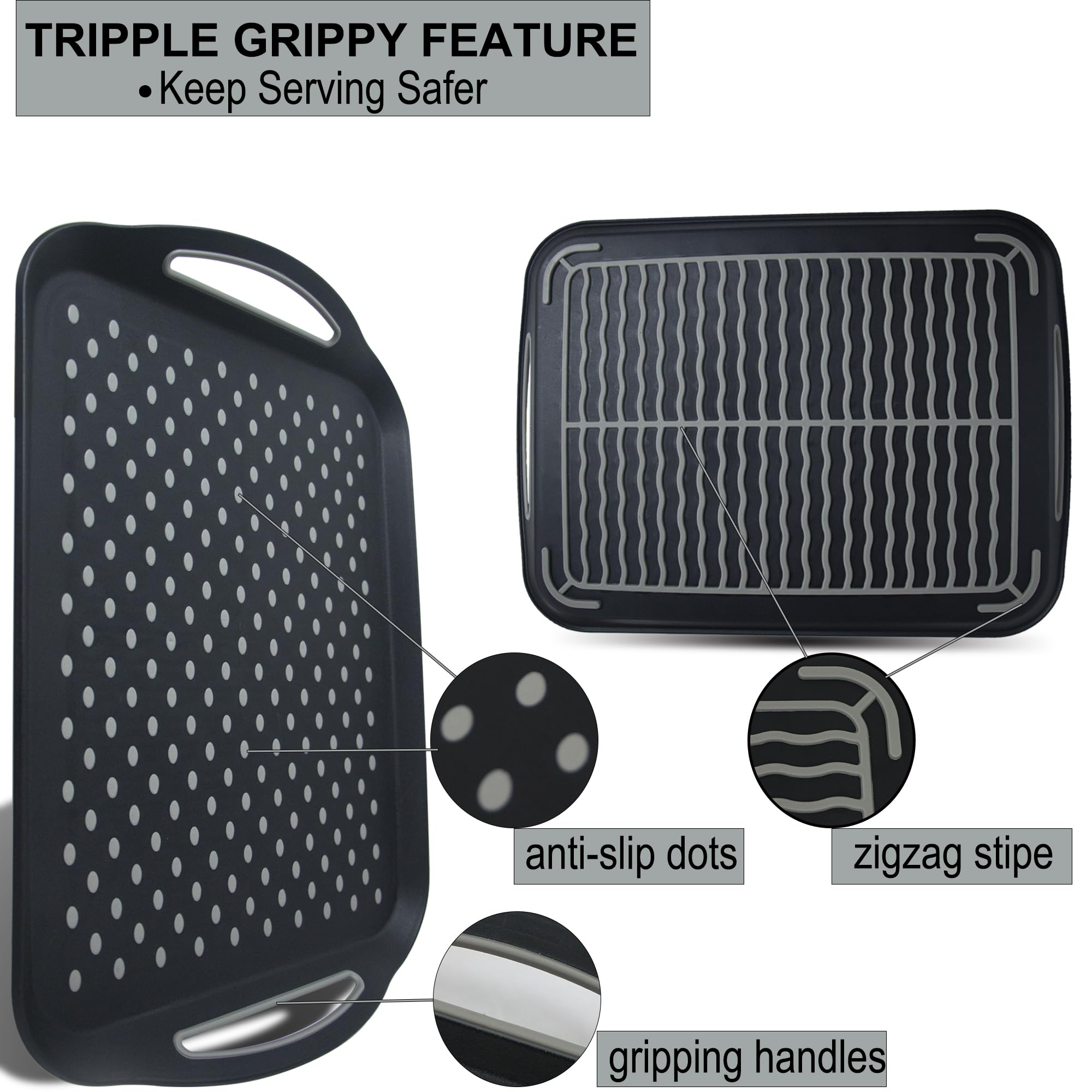 Large Nonslip Serving Tray With Handles, Silicone Grippy Dots Food Trays For Eating, Dishwasher Safe Lap Trays For Breakfast Din