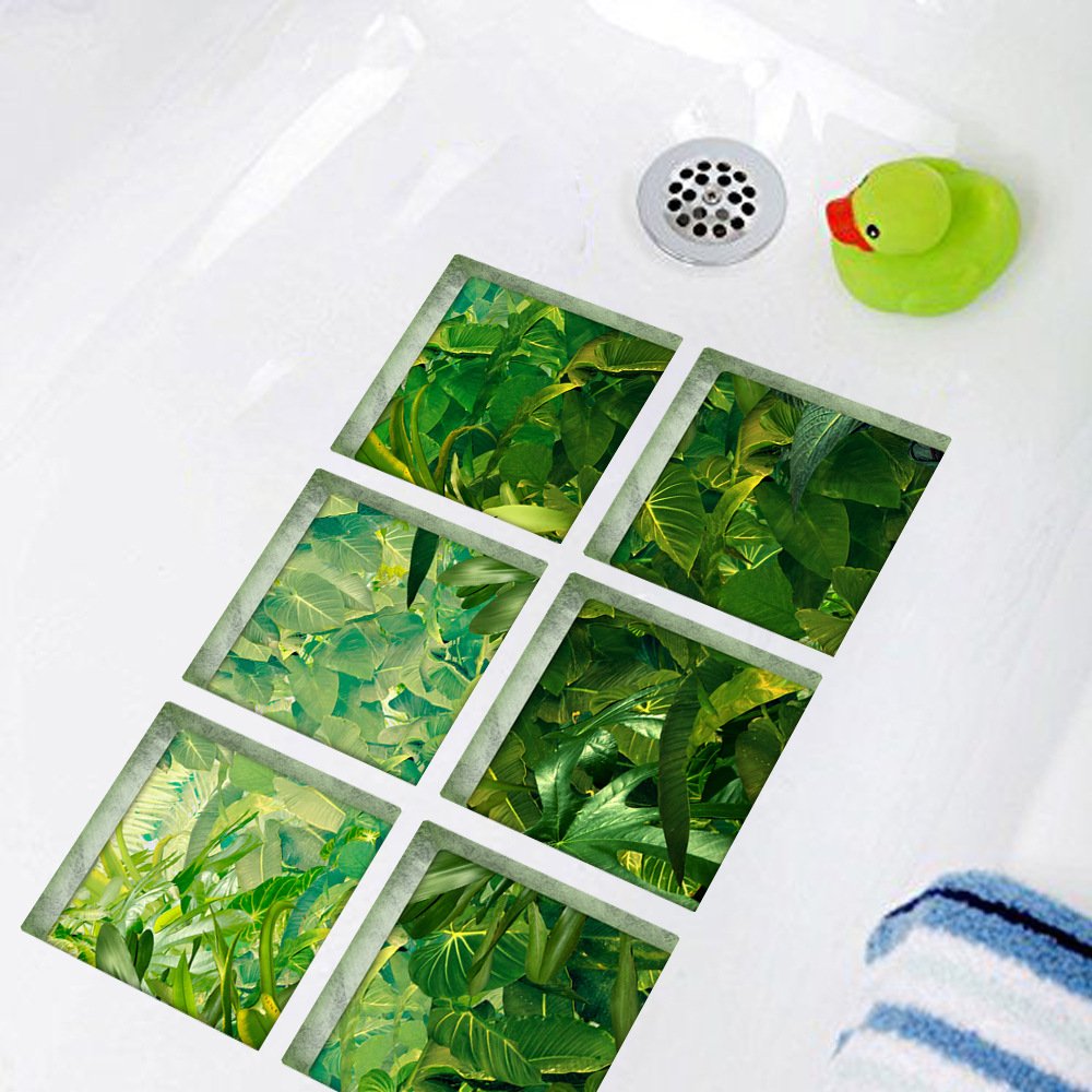 ChezMax Bath Treads Stickers Tropical Forest Pattern Square 3D Adhesive Anti Slip Tub Tattoos Safety Decals Mat Waterproof Shower Tub Sticker Bathtub Appliques for Bath Pools Home Decor 5.9'' X 5.9''