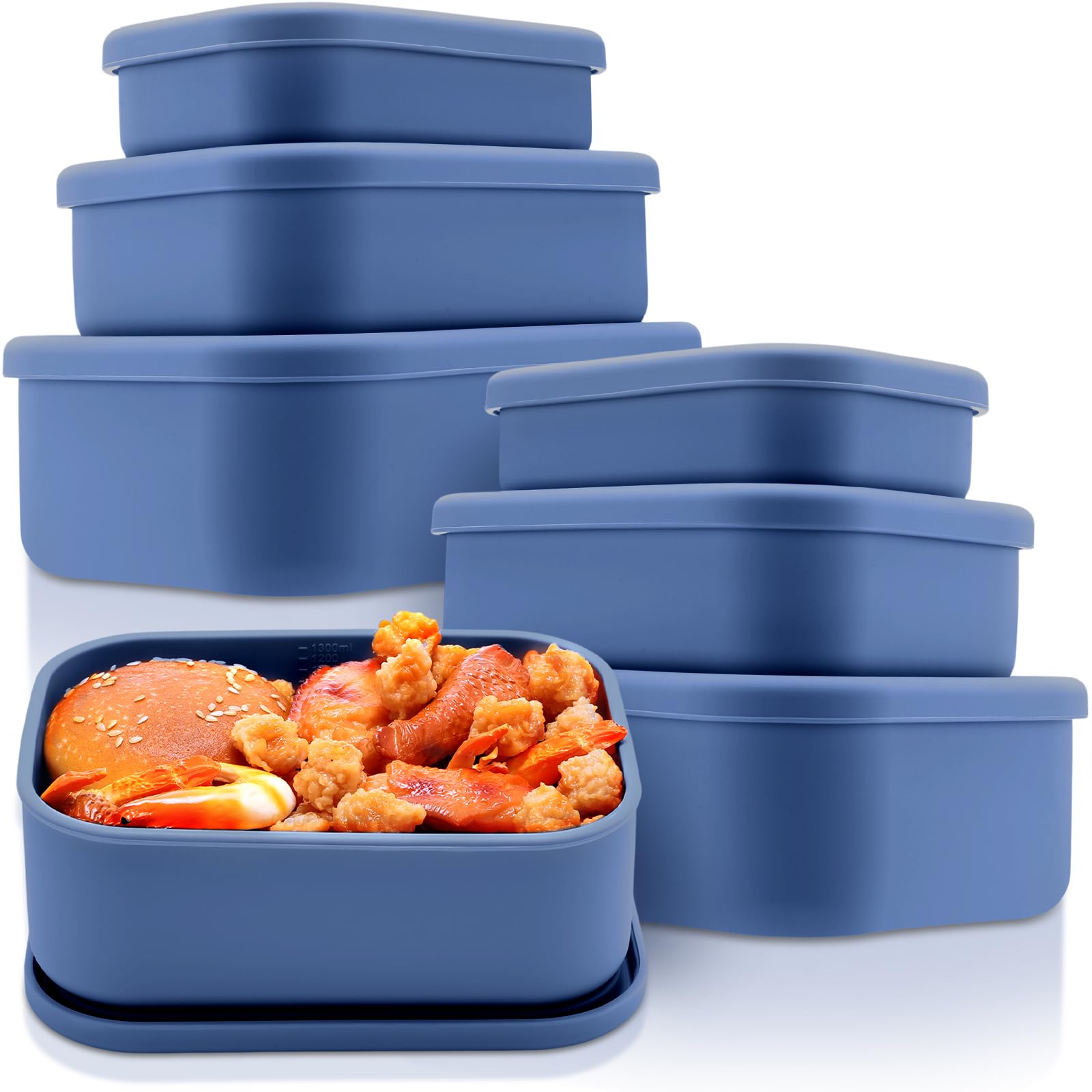 Blushtier 2 Sets of 6 Silicone Food Storage Container with Lid, Blue