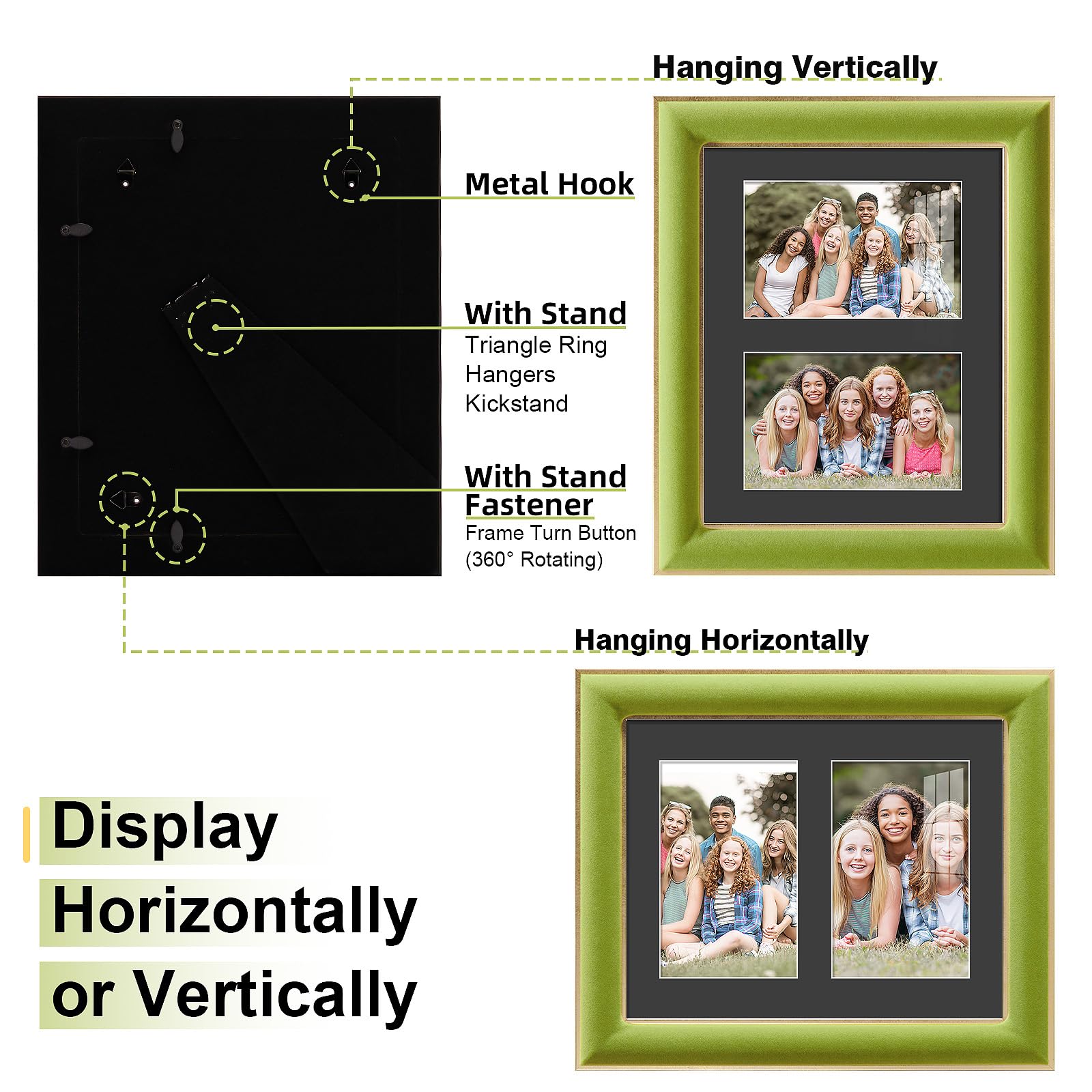 KSROECUD 8x10 Velvet Picture Frame with 2 Opening 4x6 Picture, HD Real Glass Light Green Velvet Photo Frame with Black White Bor