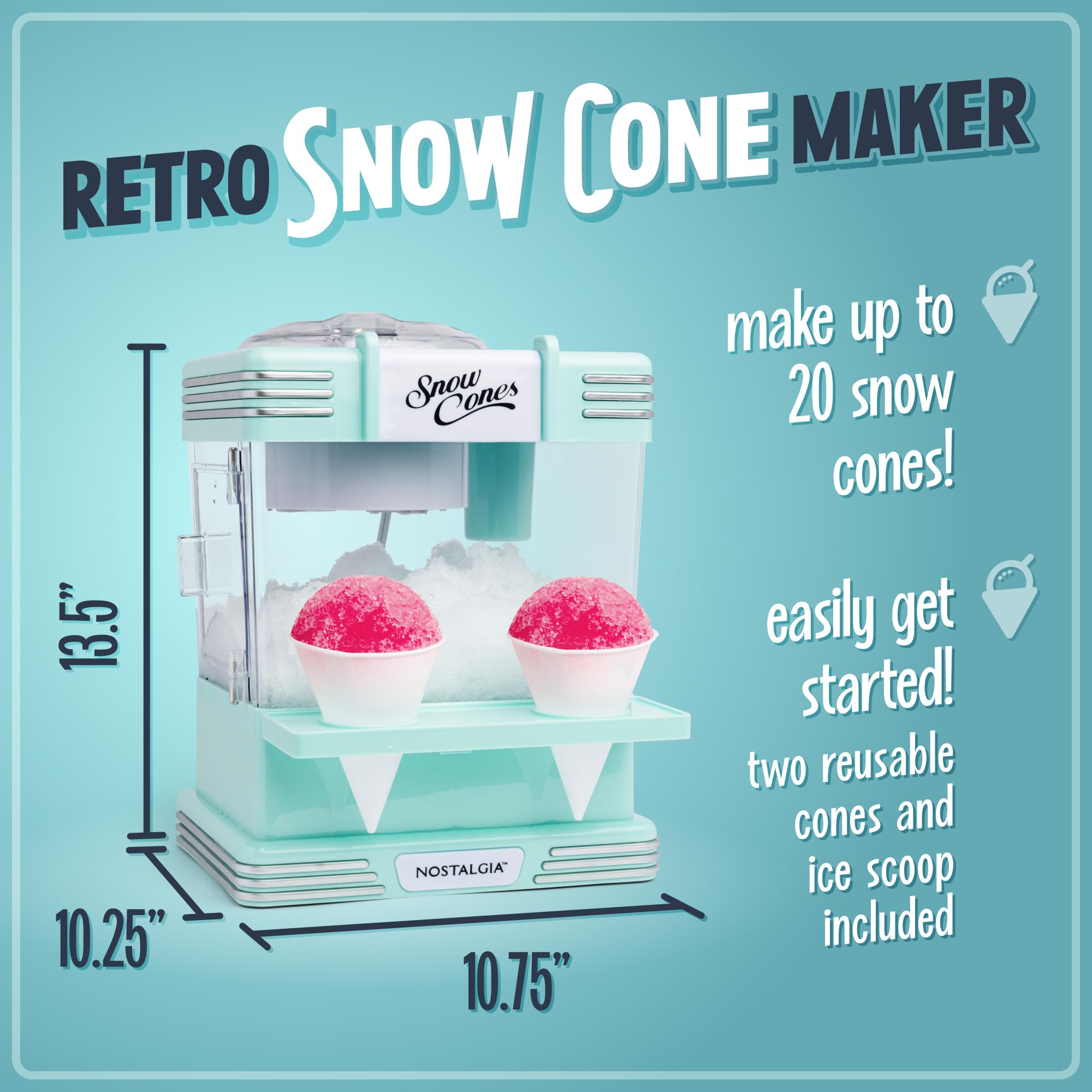 Nostalgia Snow Cone Shaved Ice Machine - Retro Table-Top Slushie Machine Makes 20 Icy Treats - Includes 2 Reusable Plastic Cups