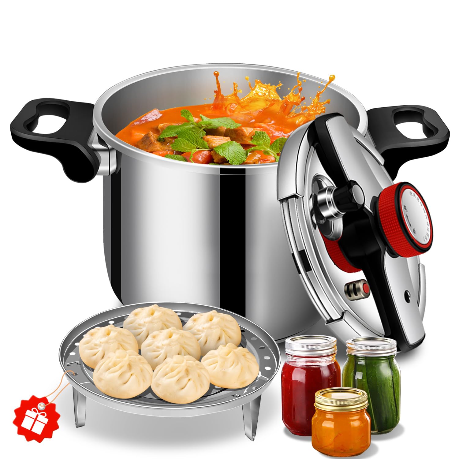 12.6QT Commercial Thickened 304 Stainless Steel Pressure Cooker, 8 HeavyDuty Safety Protection, 70% Faster Cook Stock Pot for C