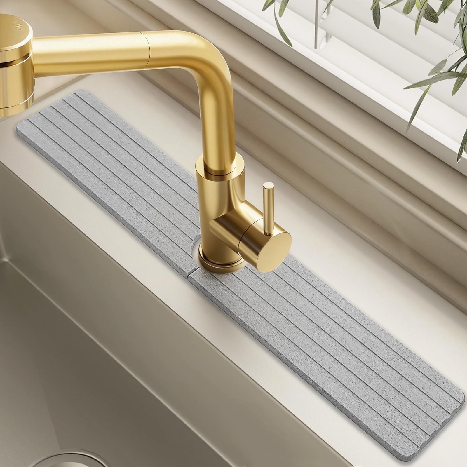 Diatomite Stone Faucet Mat for Kitchen Sink, 23.6 Inch Fast Drying Splash Guard, Super Absorbent Sink Tray Caddy for Dish Soap &