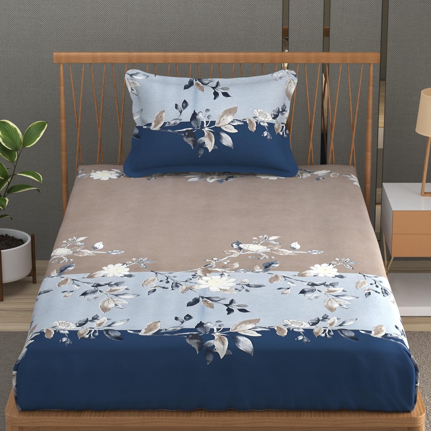 Vram Fitted Bedsheet (Blue Tricolor, 36 X 78 Single Fitted)