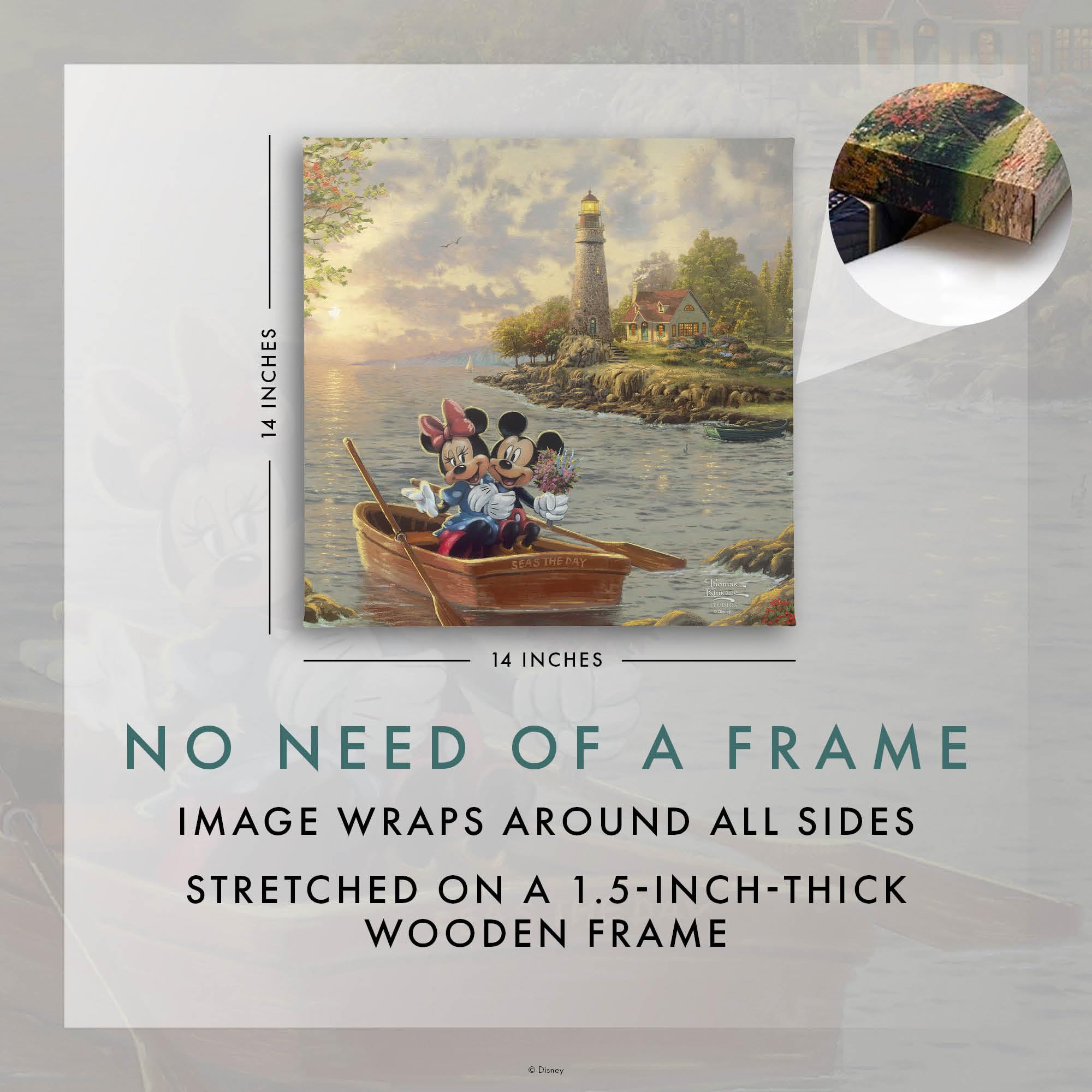 Thomas Kinkade Mickey And Minnie Lighthouse Cove 14'' X 14'' Gallery Wrapped Canvas Art | Frameless Room Wall Art | Certificate