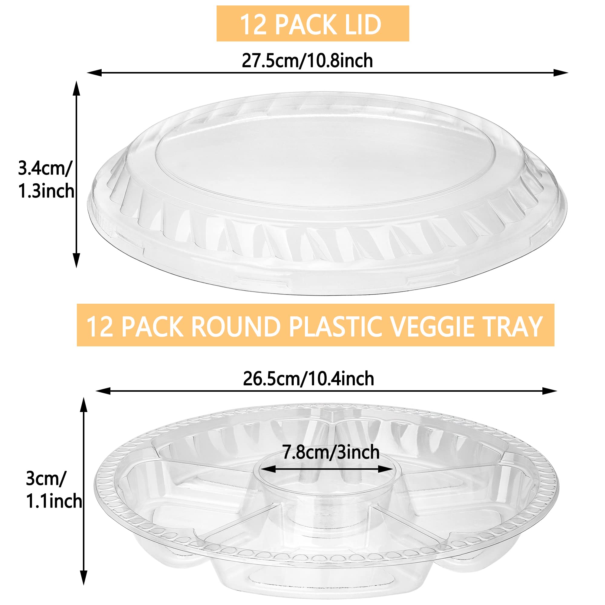 12 Pack Round Plastic Veggie Tray With Lid Fruit Tray 6 Divided Compartment Container Food Serving Dip Platter Reusable Catering