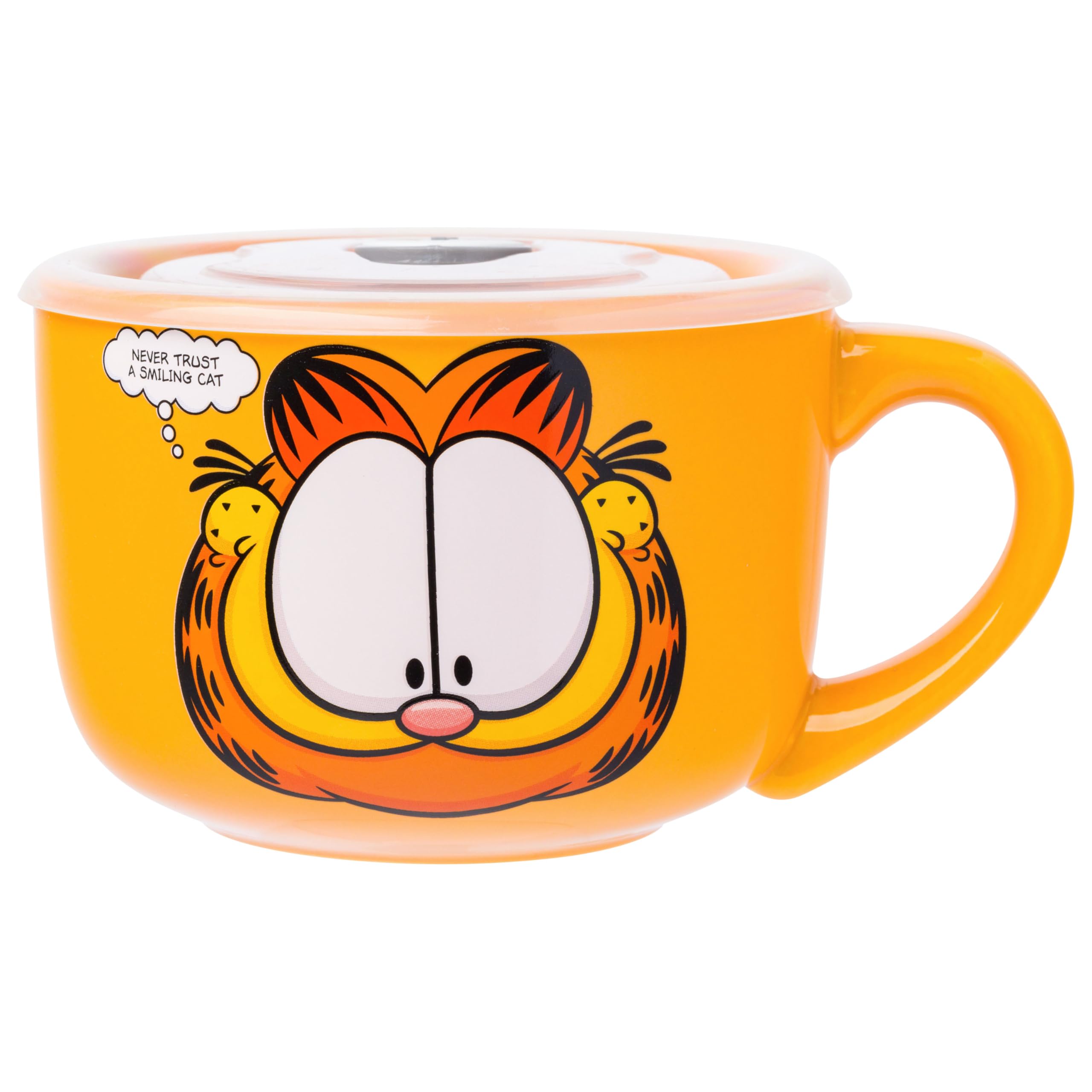 Silver Buffalo Garfield Never Trust A Smiling Cat Ceramic Soup Mug With Vented Plastic Lid, 24 Ounces