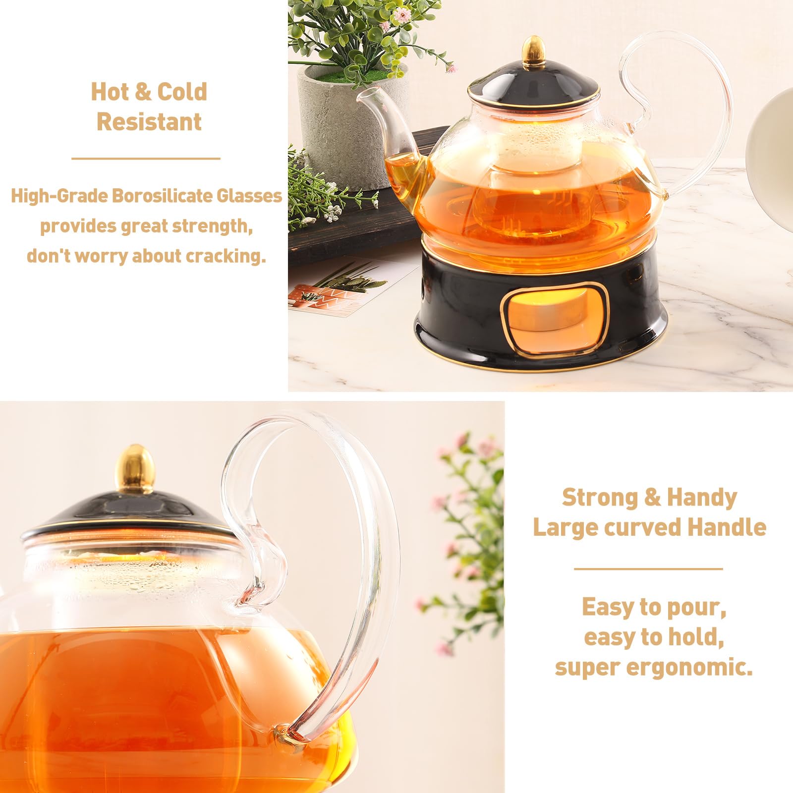 Dujust Blooming Tea Pot Set, Luxury British Design With Relief Decor & Gold Trims, Hand-Crafted Clear Teapot With Warmer, 40Oz G