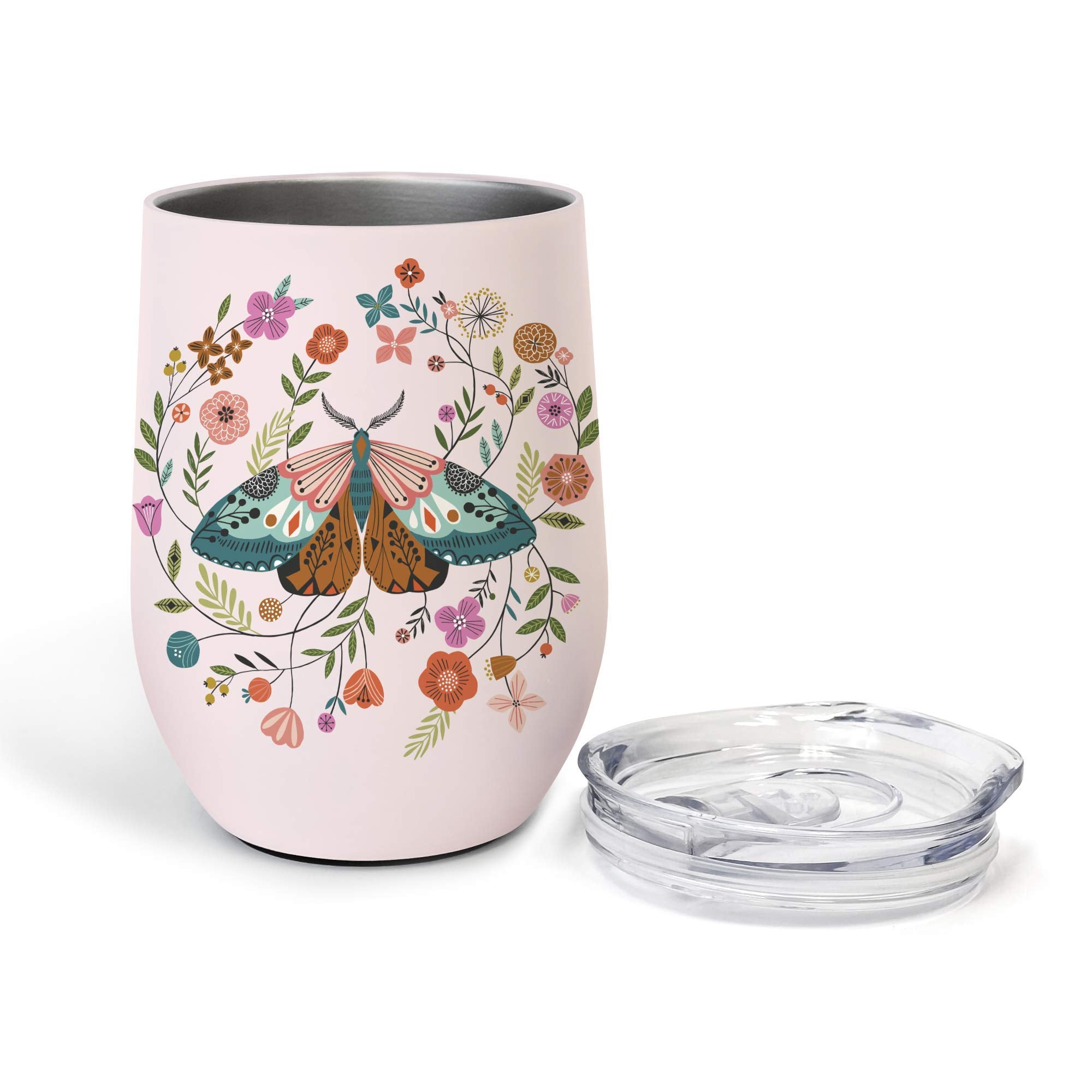 Studio Oh! Insulated Stainless Steel Stemless Glass Tumbler Floral Moth - 12-Ounce Double-Wall Construction With Full-Color Artw