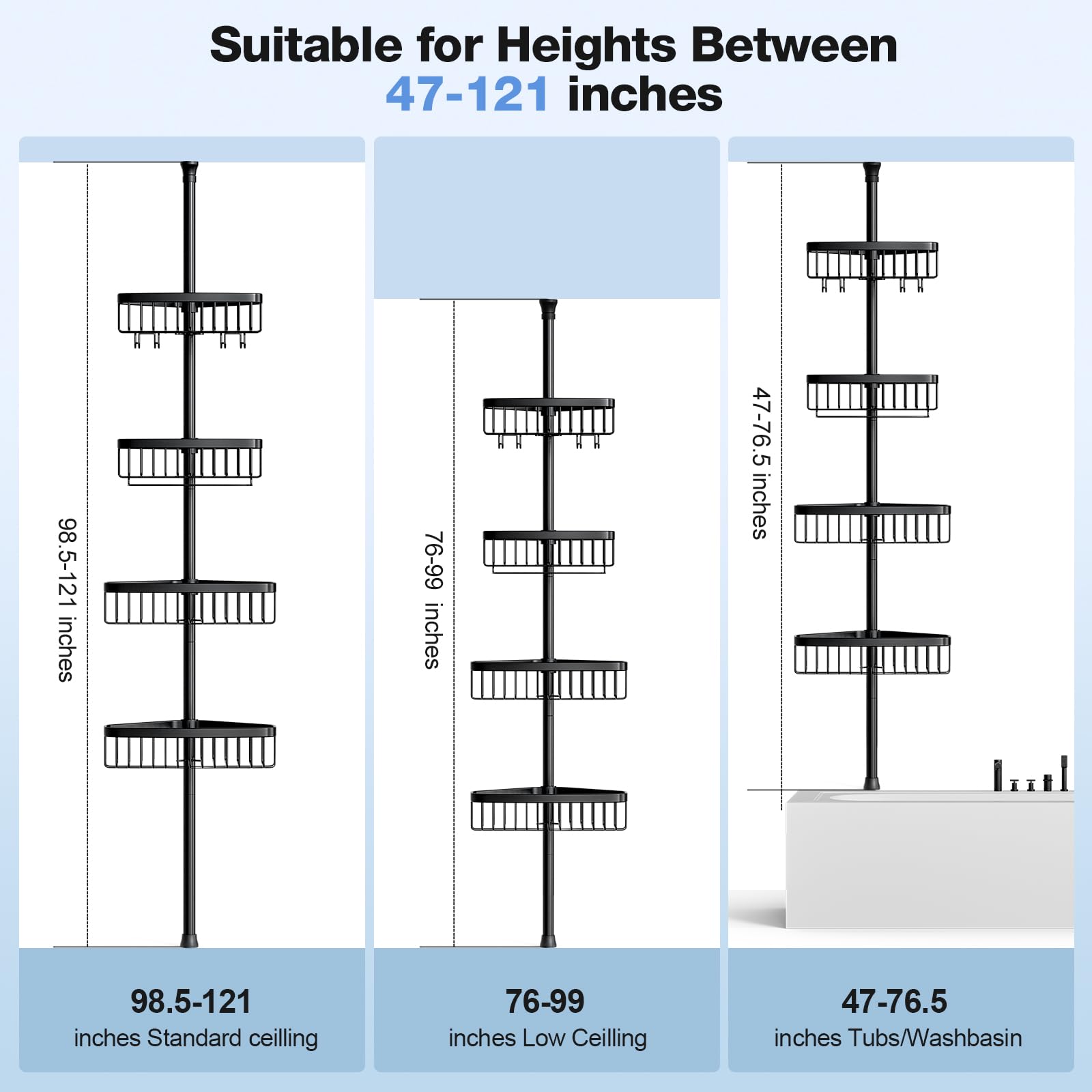 Corner Shower Caddy Tension Pole: Adjustable Rustproof 4-Tier Inside Bathroom Organizer - 47-121 Inch Quick Installation Bathtub