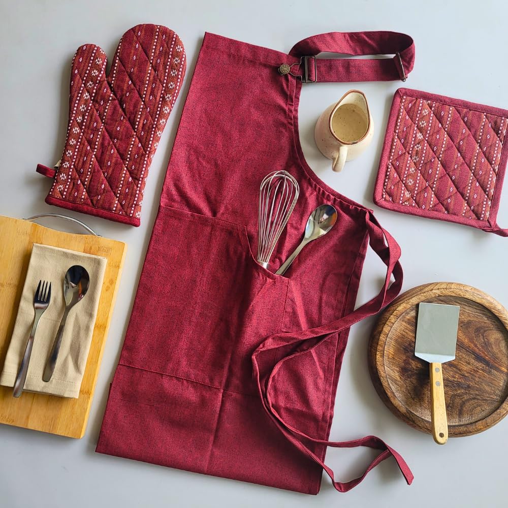 The Yard House Spillresistant Cotton Kitchen Essentials Combo Pack (Model 2) | Aprons With Front Pocket And Adjustable Neck Str