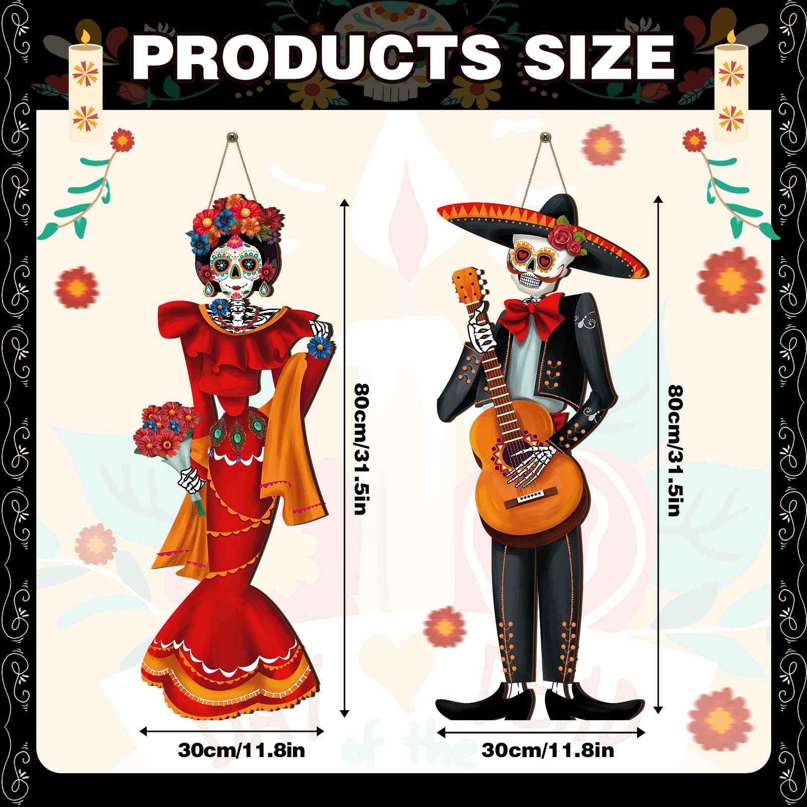 Karenhi 2 Pcs Dia De Muertos Decorations Day of The Dead Porch Decor Mexico Day of The Dead Porch Signs with LED Lights Hallowee