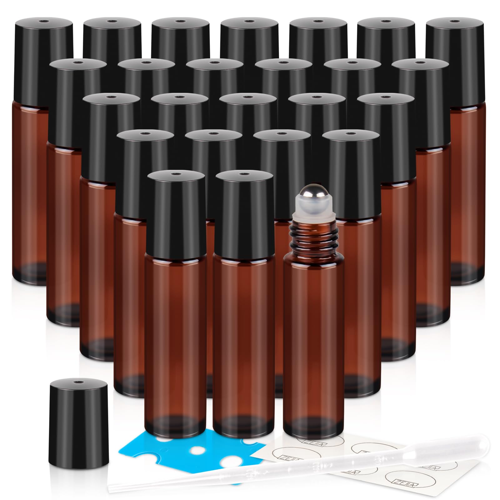 ZEJIA 10ml Roller Bottles 24Pack Amber Thick glass Essential Oil Roller Bottles Stainless Steel Roller Ball with 2 Droppers