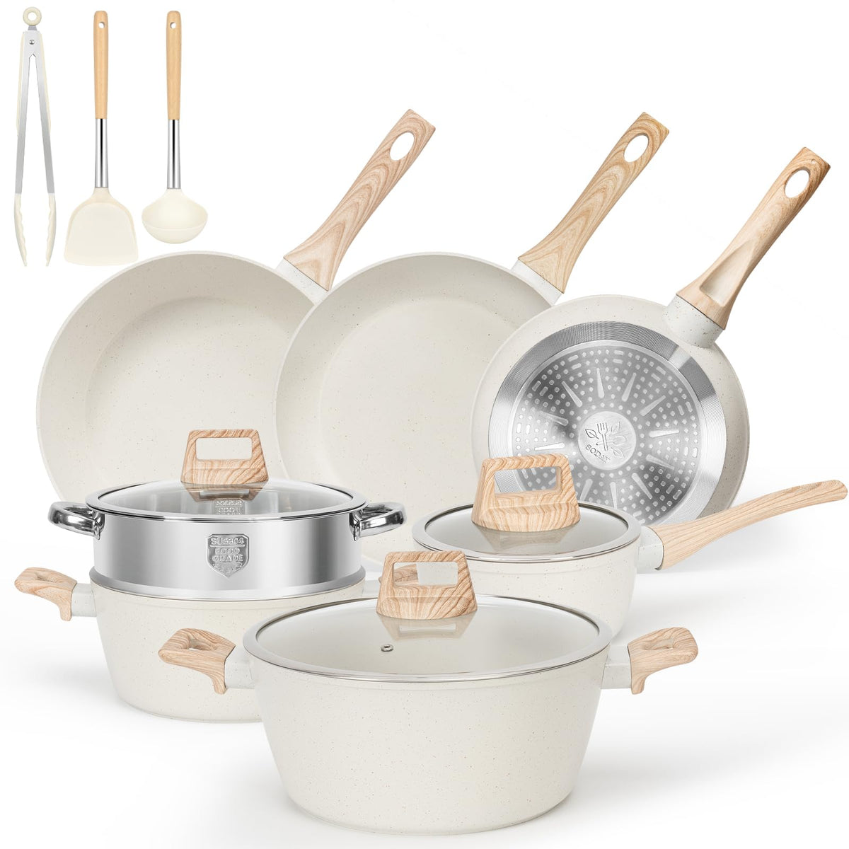 SODAY Pots and Pans Set Non Stick, 13 Pcs Kitchen Cookware Sets White Granite Nonstick Cooking Set with Frying Pans, Saucepans,