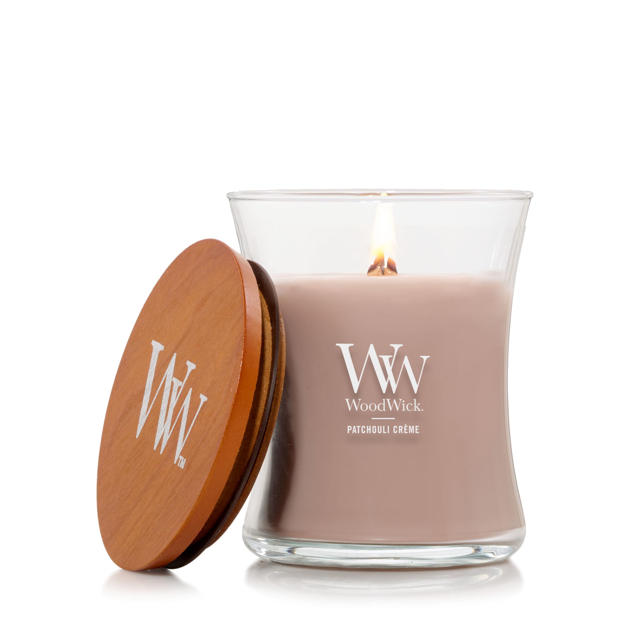 WoodWick Patchouli Crme Gifts for Women and Men, 9.7 oz Medium Hourglass Candle with Crackling Wick
