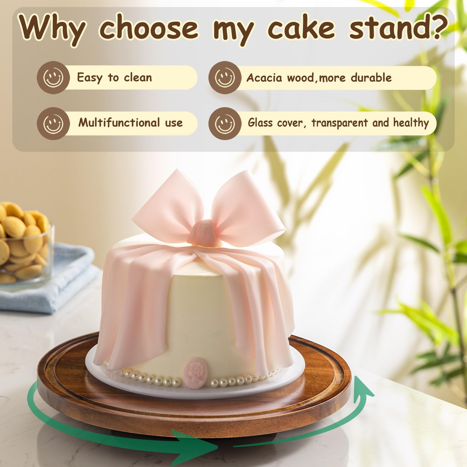 Yangbaga 11IN Wood Cake Stand with Dome Lid, Rotating Cake Stand with Glass Dome- Cake Plate with Cover for Baking Gifts/Birthda