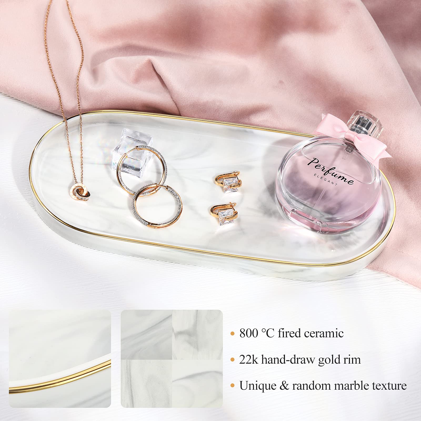 Luxspire Bathroom Vanity Tray, Marble Ceramic Dresser Jewelry Dish With Golden Rim, Decorative Tray Countertop Sink Storage Hold