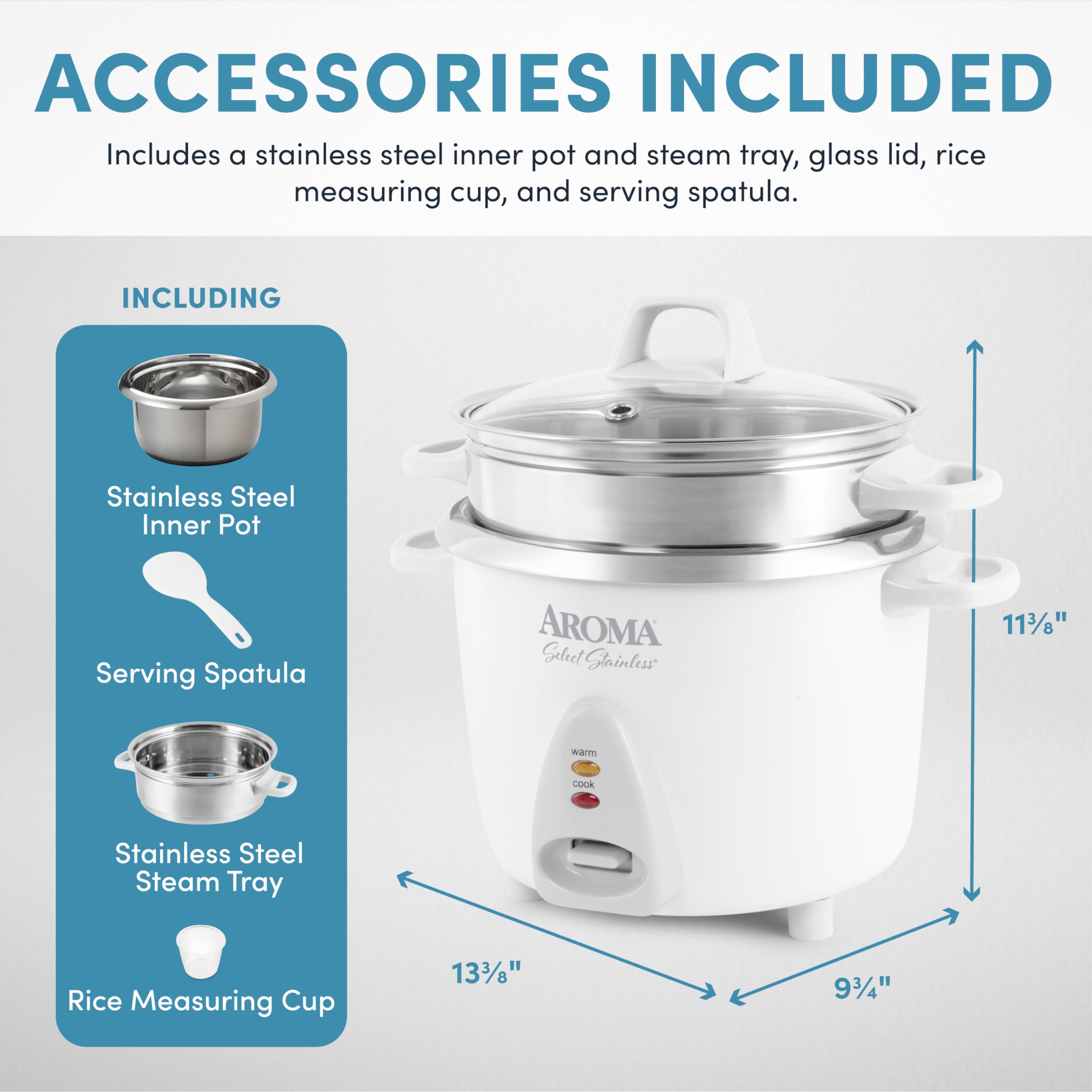 Aroma Housewares 14-Cup (Cooked) / 3Qt. Select Stainless Pot-Style Rice Cooker, & Food Steamer, One-Touch Operation, Automatic K